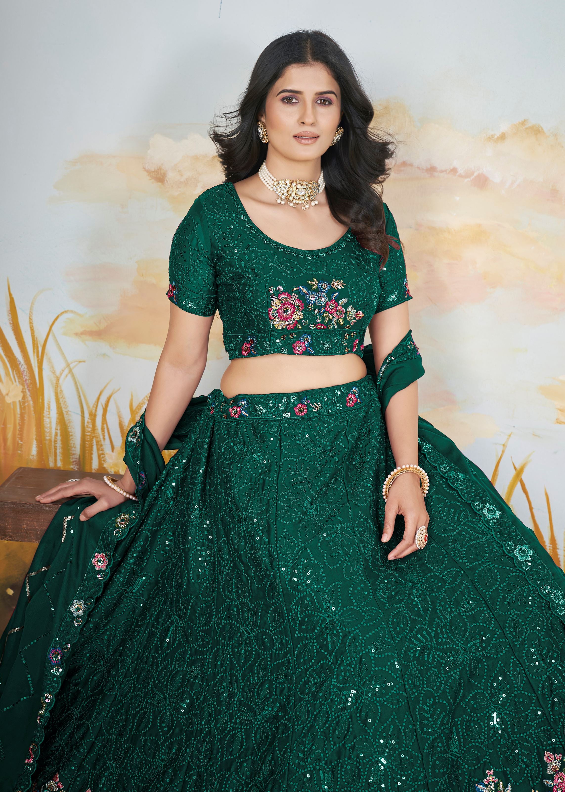 Green Chinnon Lehenga with Fancy Thread  Copper Sequins