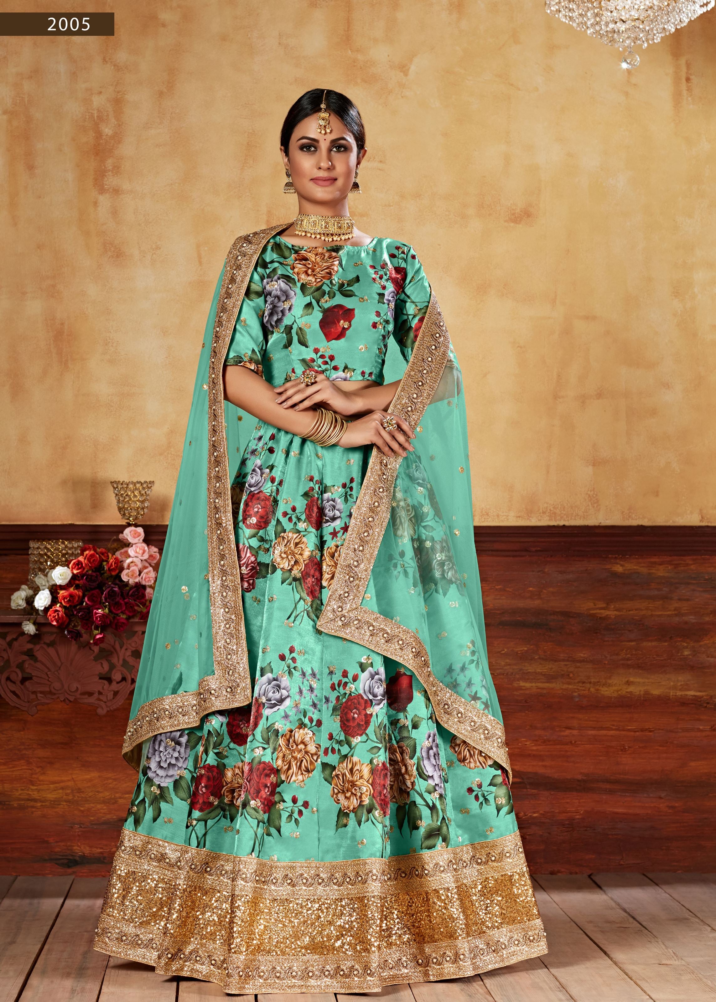 Green Lehenga Choli With Digital Print And Dori With Jari Sequins Butti,Embroidered Border And Pearl Work
