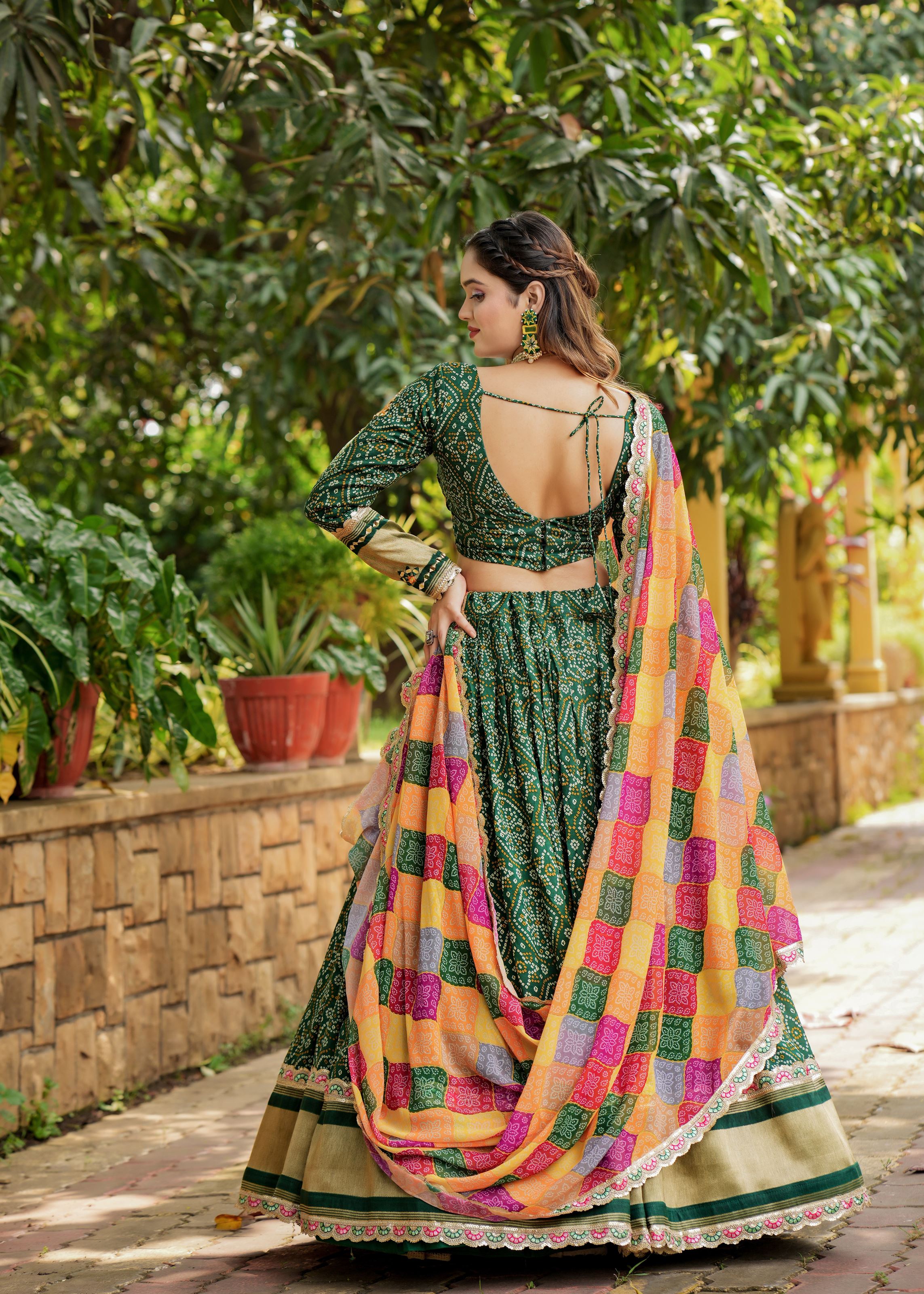 Green Lehenga Choli With Heavy Discharge Print Heavy Embroidery Thread  Sequins Work
