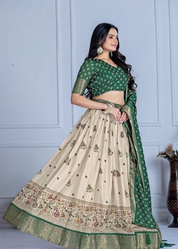 Green Lehenga Choli With Jacquard With Jari Lining With Print