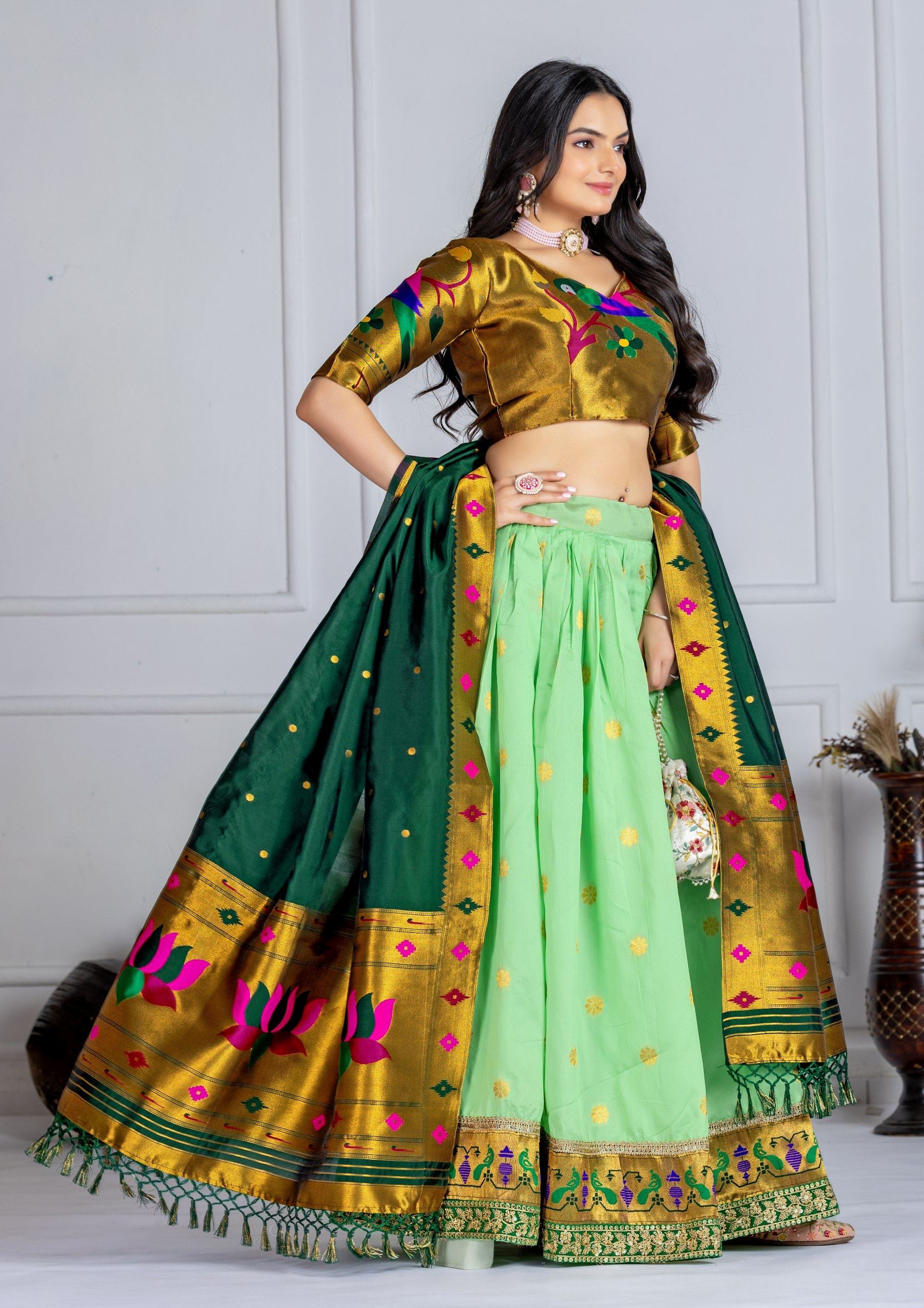 Green Lehenga Choli with Jacquard Zari Weaving & Embroidery Lace Detailing