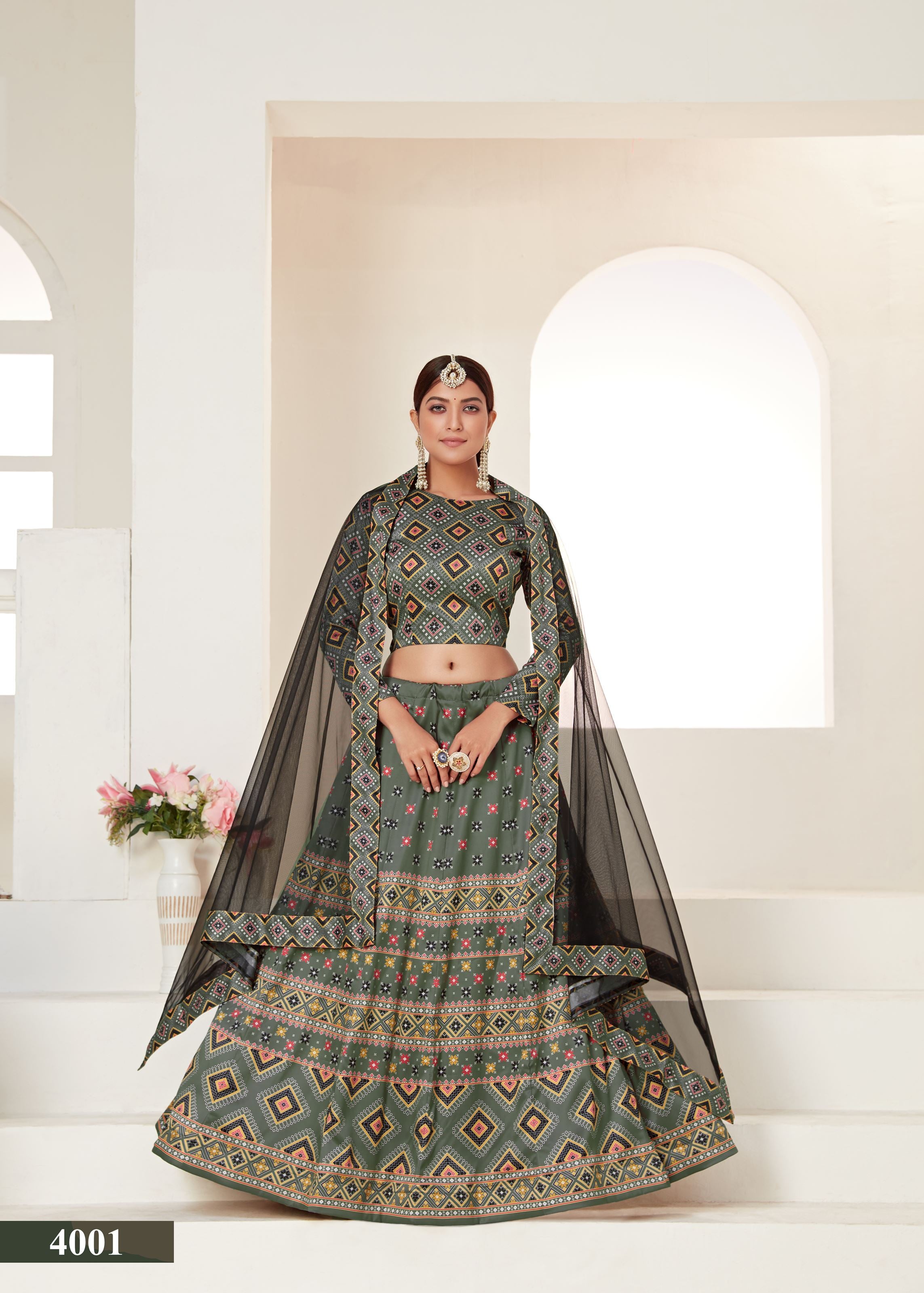Grey Ajmeri Silk Lehenga Choli With Digital Print
