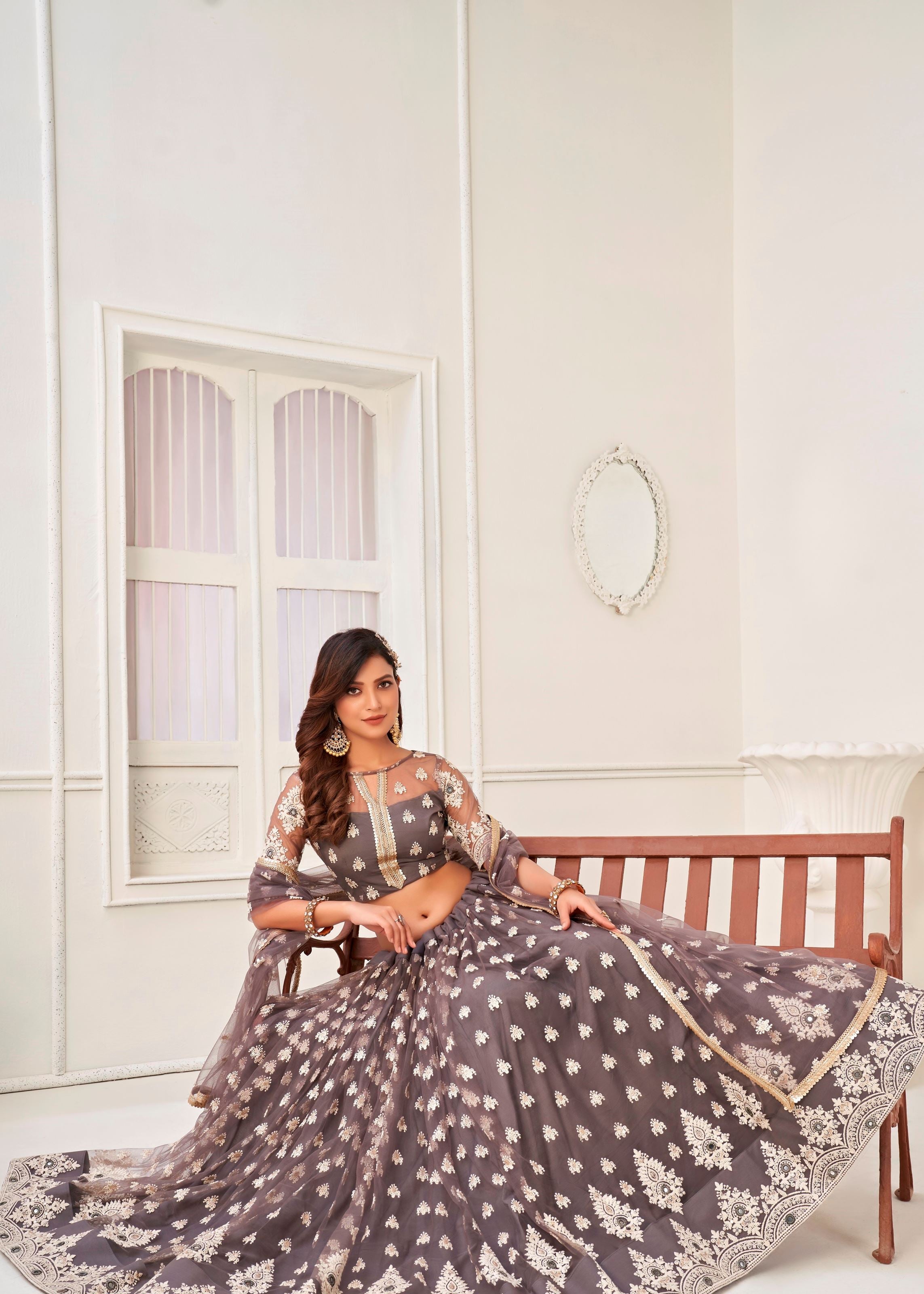 Grey Butterfly Net Lehenga Choli With Thread Embroidery And Sequins Work