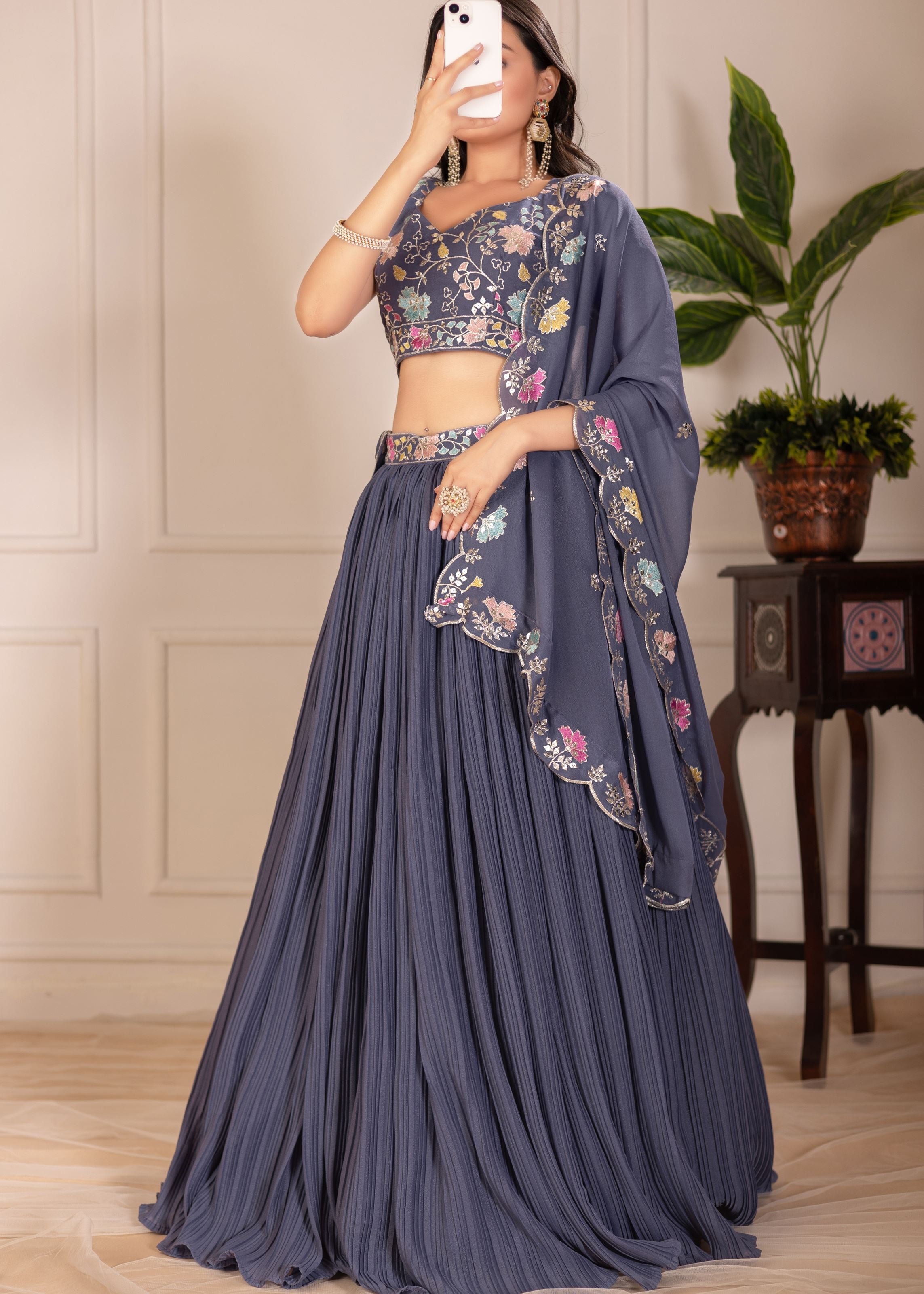 Grey Lehenga Choli With Embroidery With Multi Thread  Sequence Work
