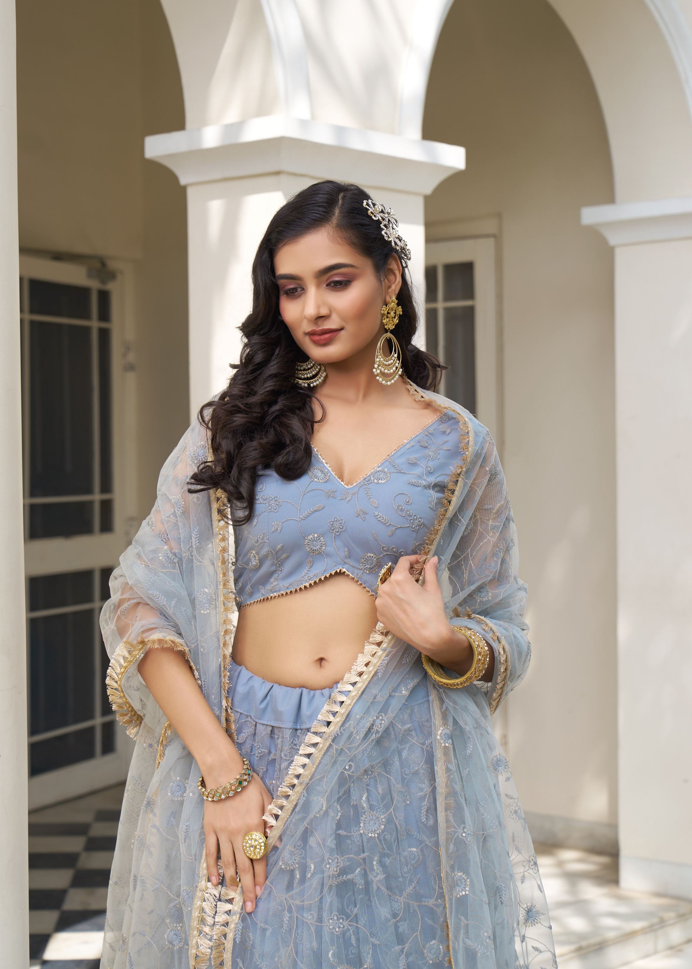 Light Blue Grey Butterfly Net Lehenga Choli With Designer Thread Work, Zari Work And Sequence Work