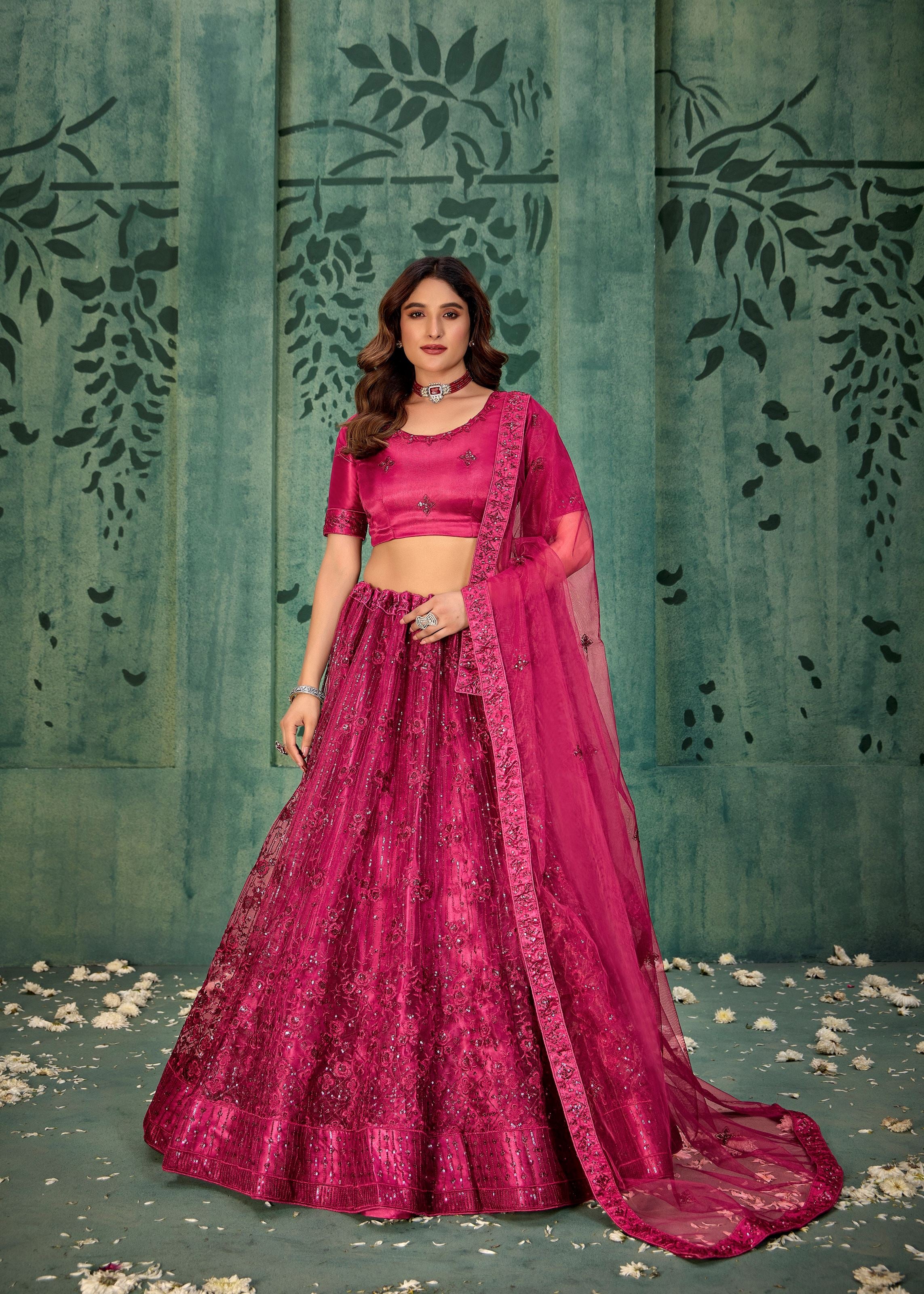Magenta Pink Net Lehenga with Contemporary Sequin Design
