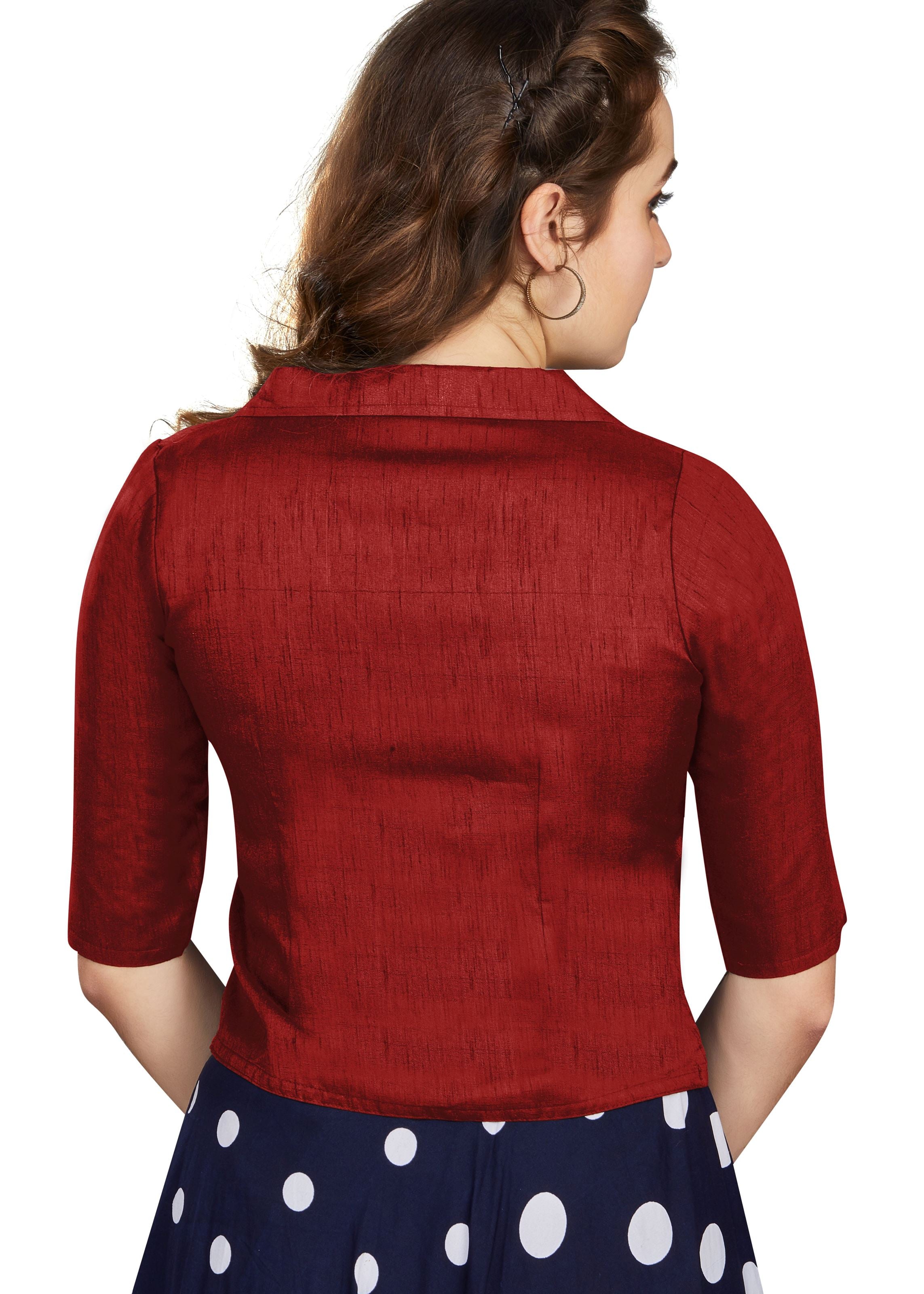Maroon Art Silk Collar Neck Plain Blouse