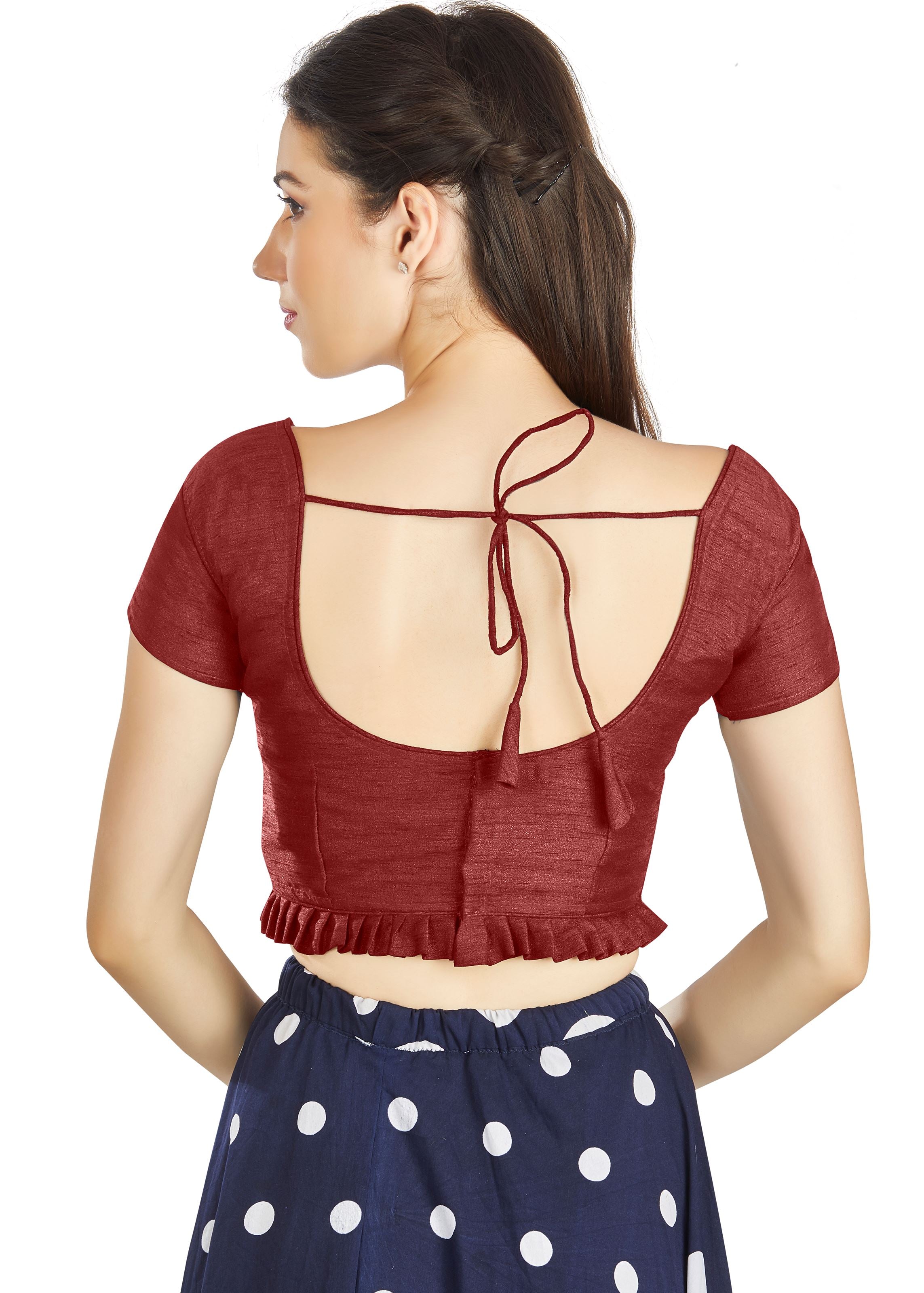 Maroon Art Silk Pleated Boat Neck  Blouse With Princece Blouse