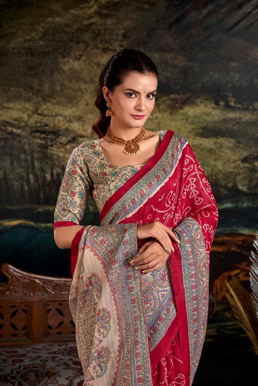 Maroon Green Silk Saree with Madhubani & Bandhej Magic