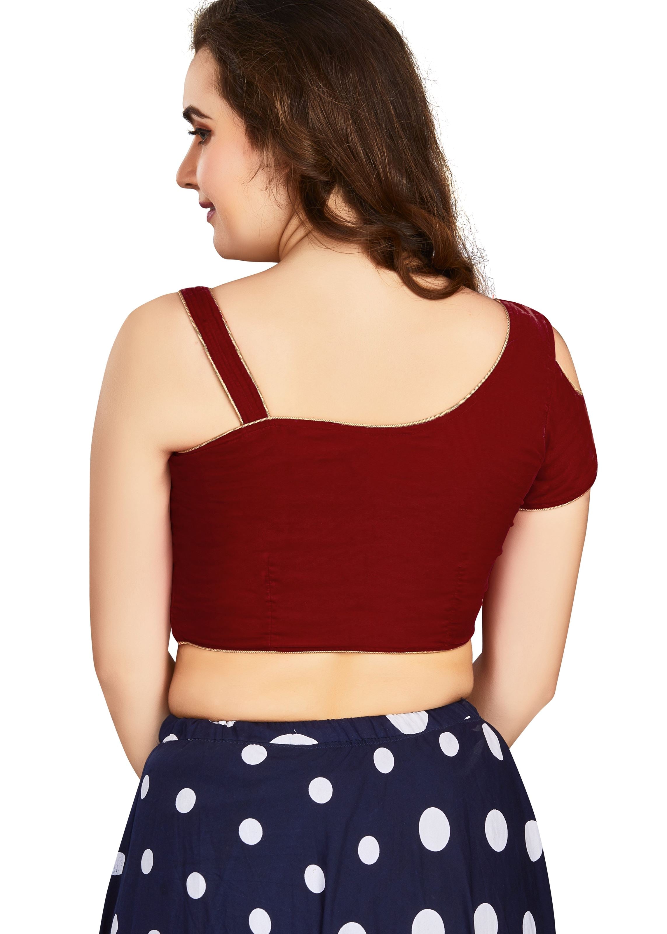 Maroon Velvet Boat Neck Plain Blouse