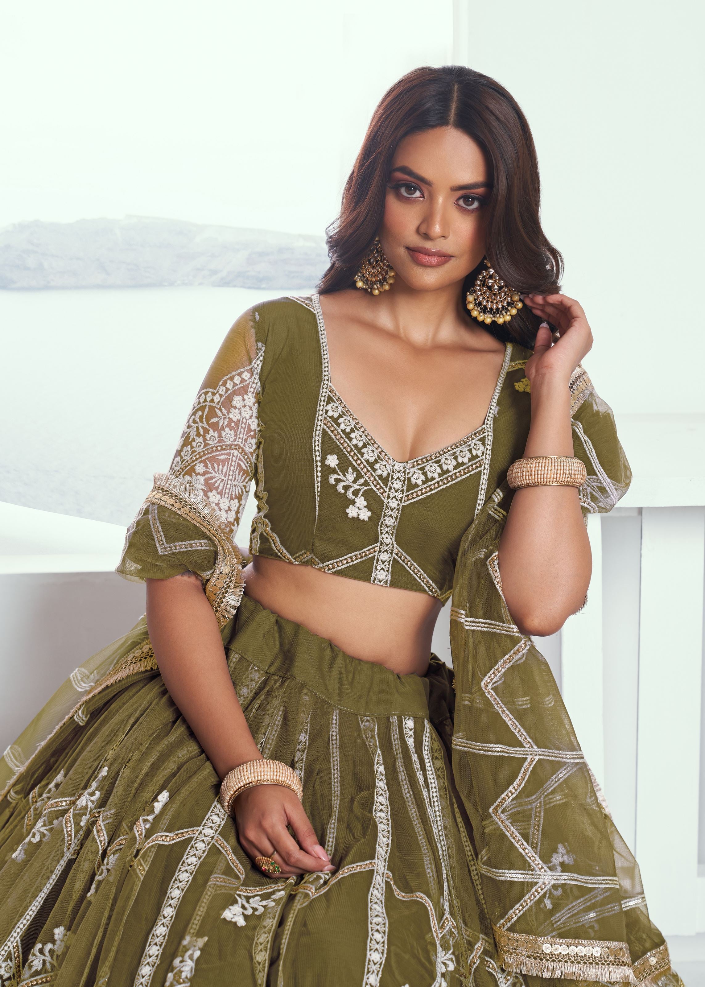 Mehandi Green Lehenga Choli With Zari Work And Sequence Work Embroidery