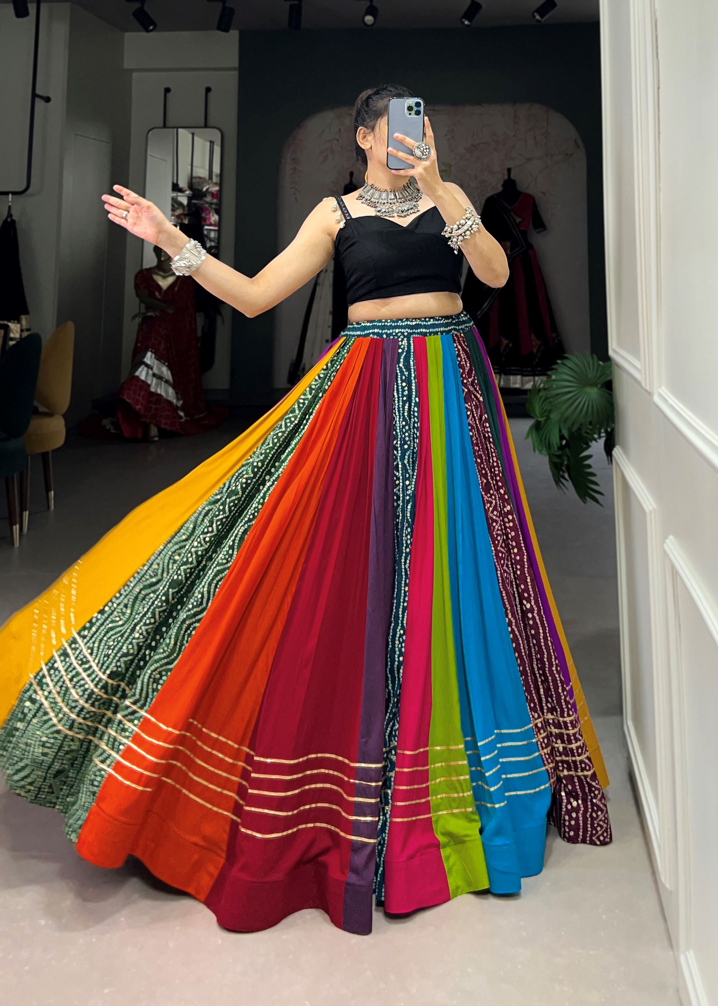 Multi Printed Rayon Lehenga Choli with Festive Gota Patti Detailing