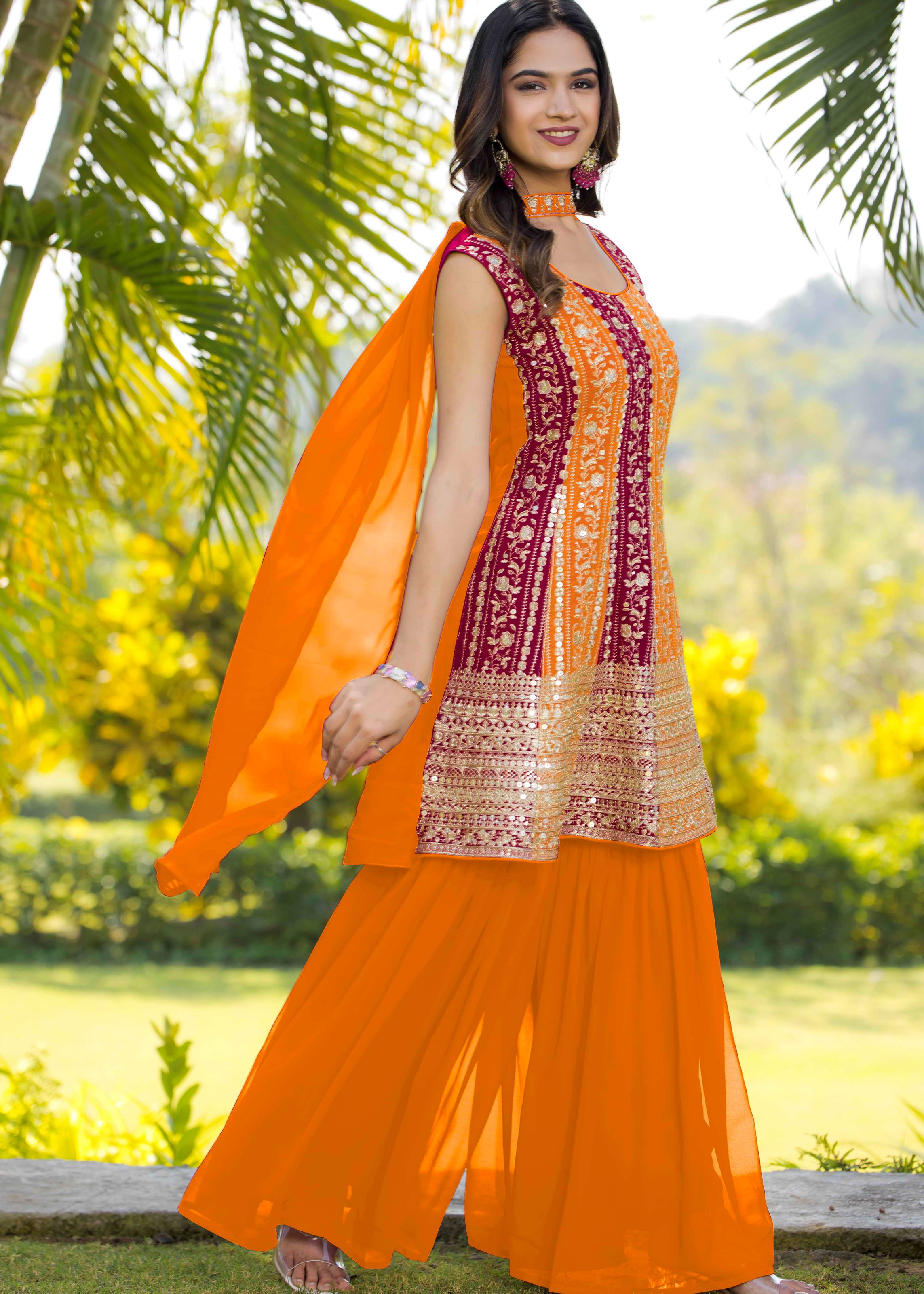 Multi Sharara Dress With Sequence Embroidered