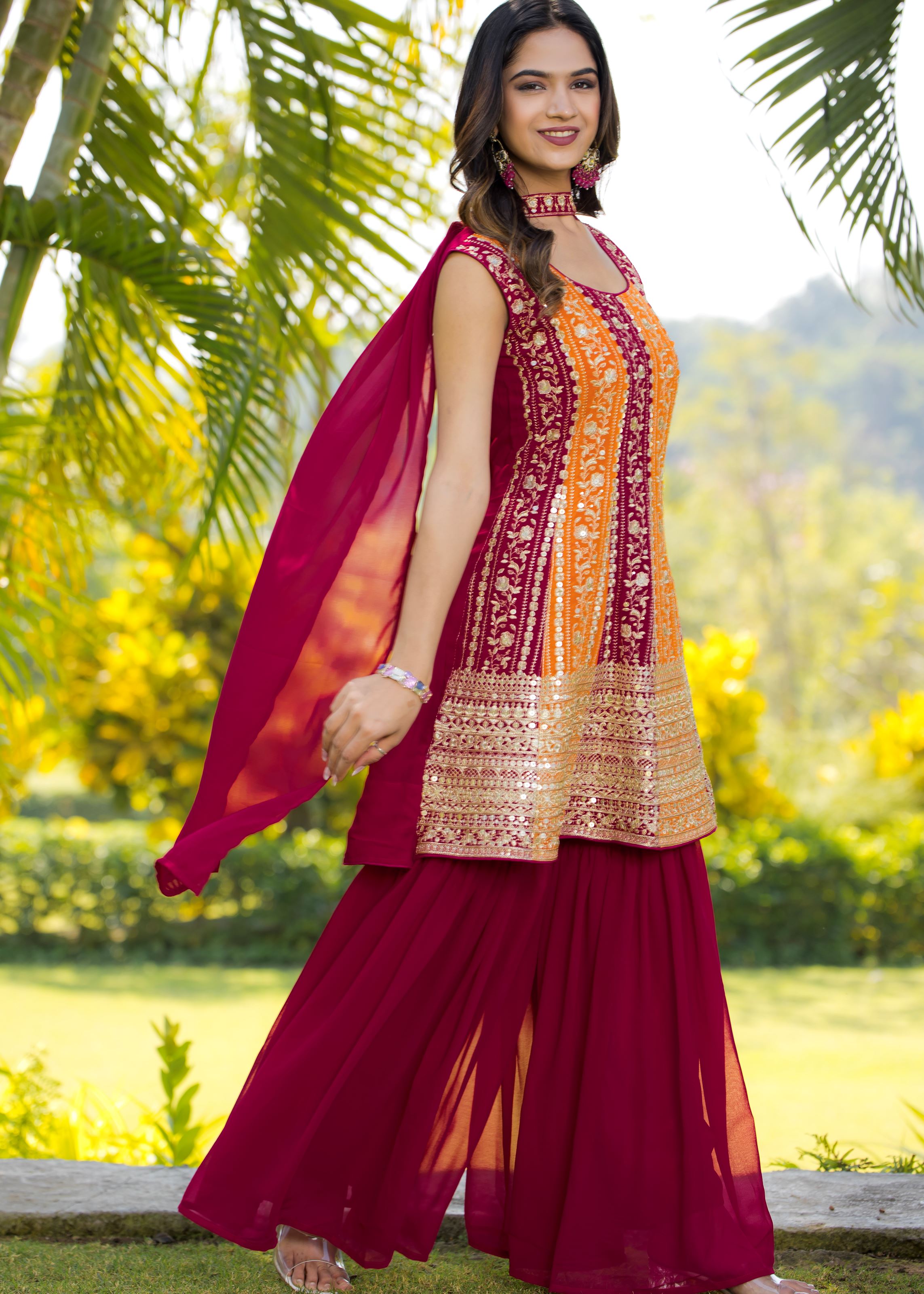 Multi Sharara Dress With Sequence Embroidered