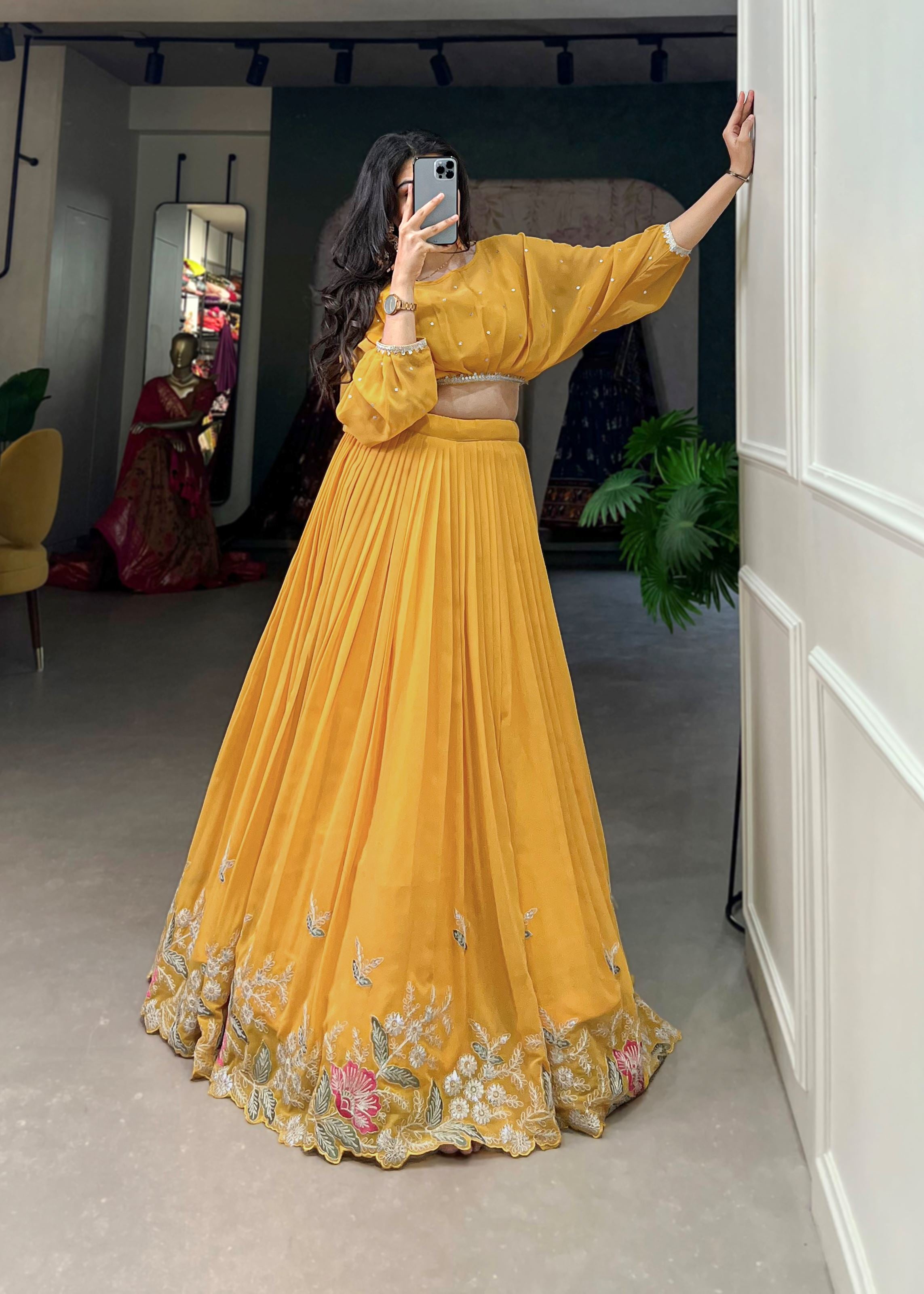 Mustard Georgette Lehenga with Sequin and Thread Detailing Light  Elegant