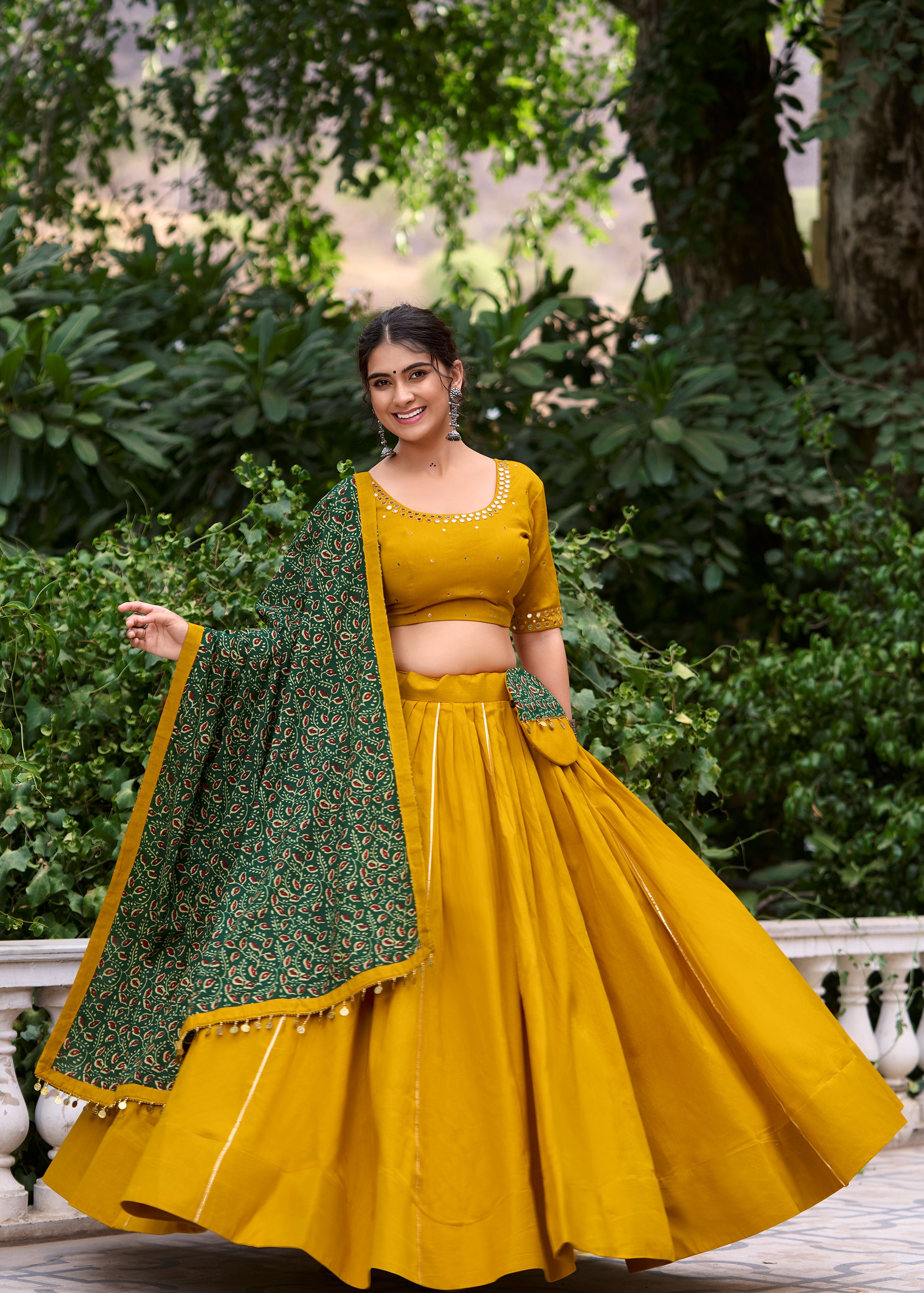 Mustard Pure Cotton Plain Lehenga Choli Accented with Subtle Gota Patti Elegance