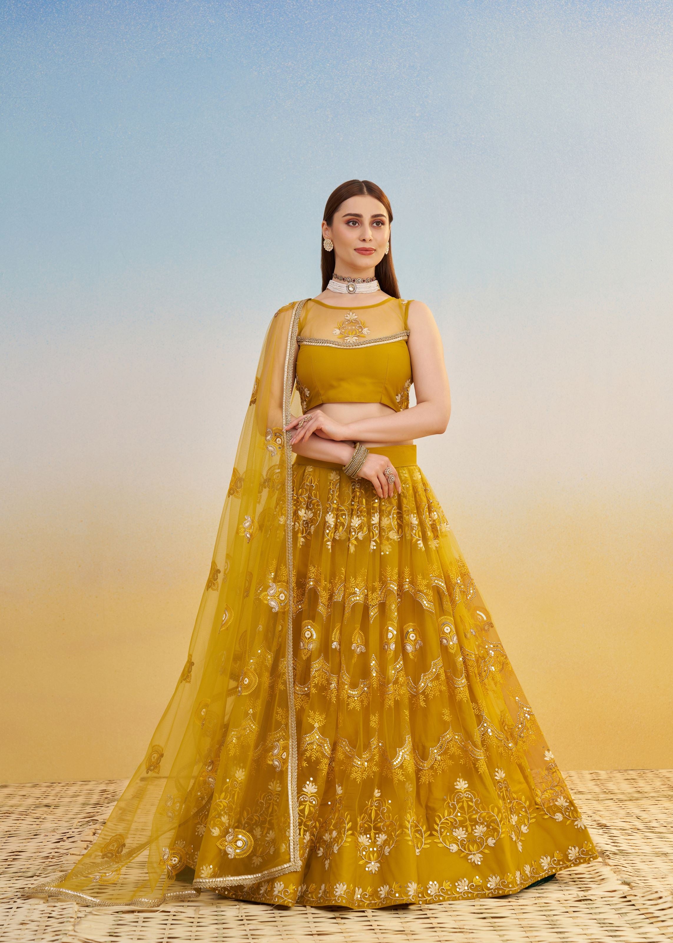 Mustard yellow Lehenga Choli With Tone To Tone Thread Work Zari Work and Sequence Work Embroidery With Readymade Fancy Lace