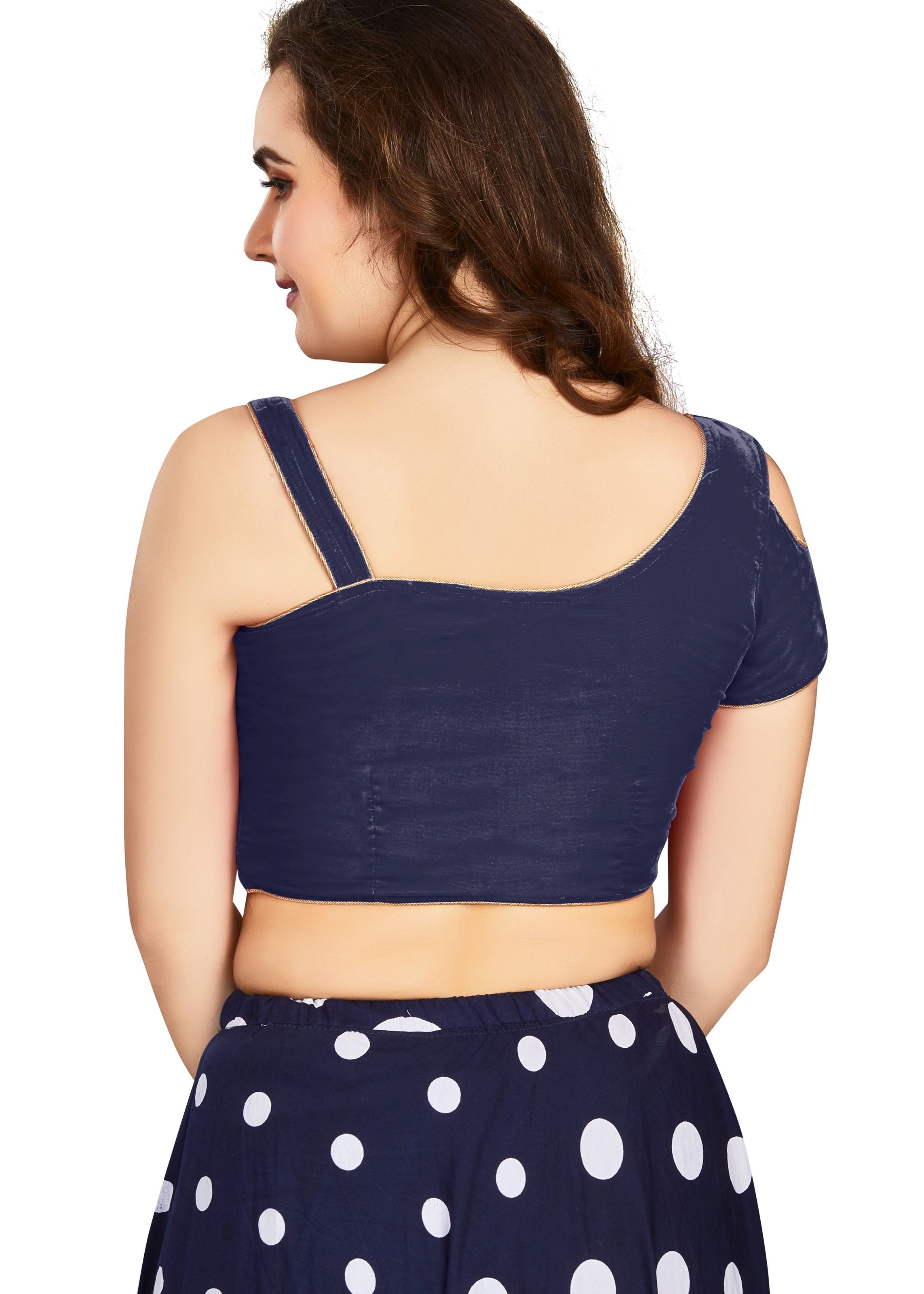 Navy Blue Velvet Boat Neck Plain Blouse