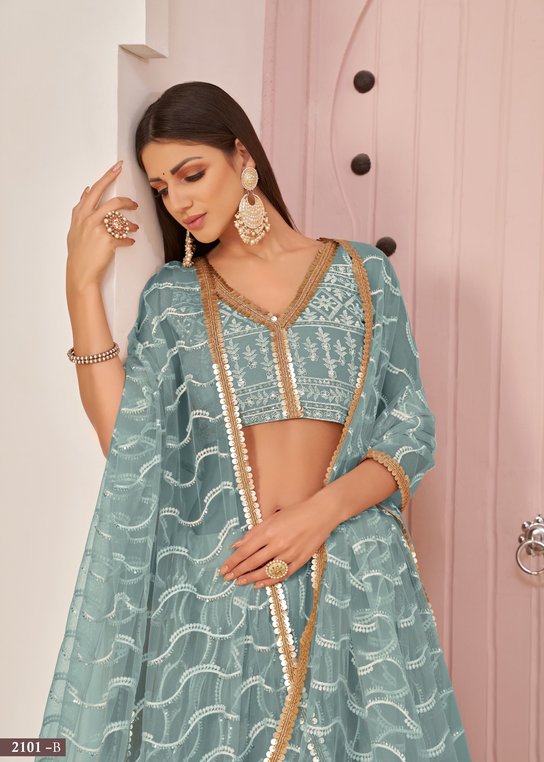 OceanBlue Net Lehenga Choli With Thread Embroidery Work
