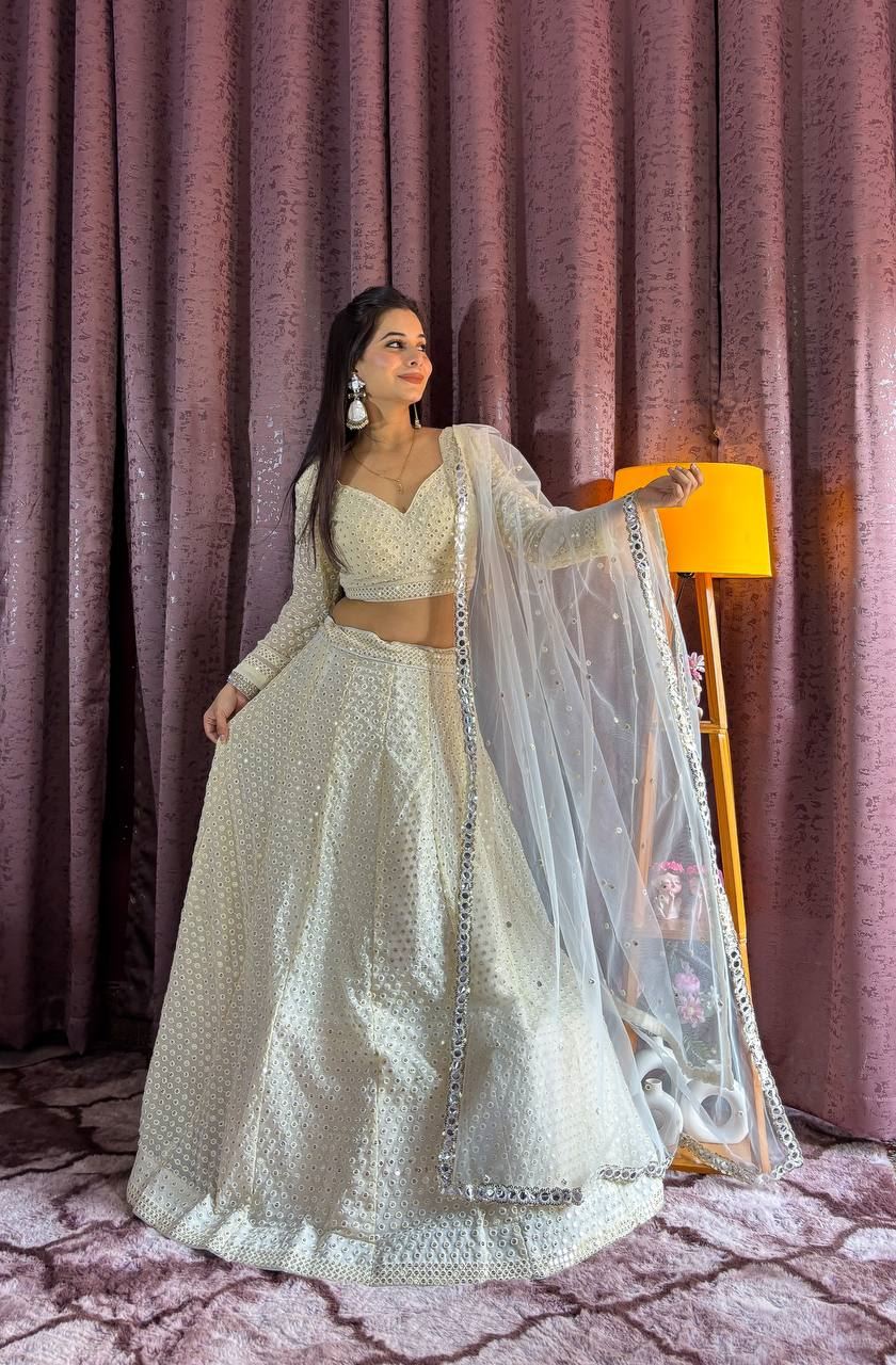 Offwhite Lehenga Choli With Sequins  Thread Work