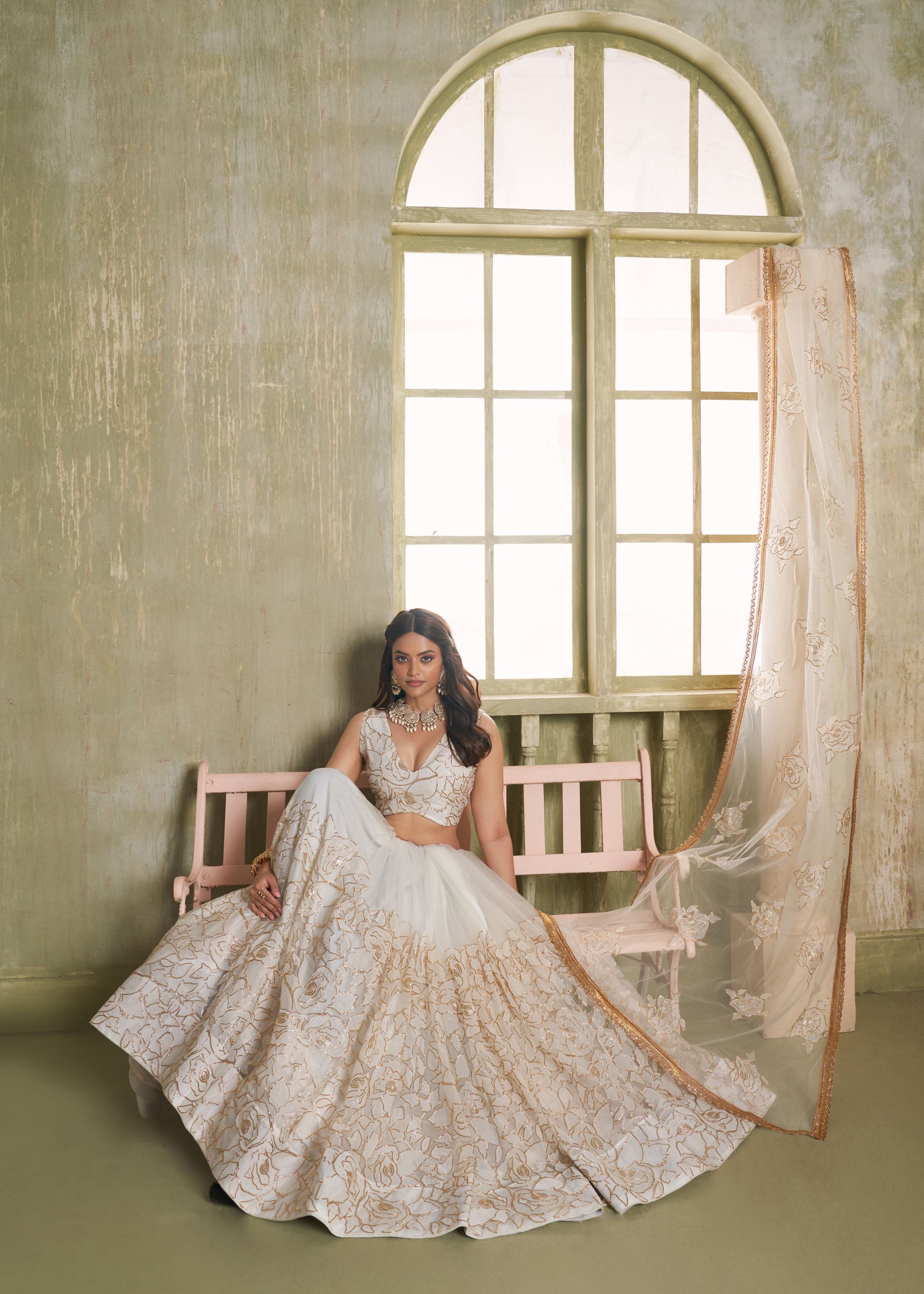 Offwhite Net Lehenga with Zari and Tone-to Tone Sequins