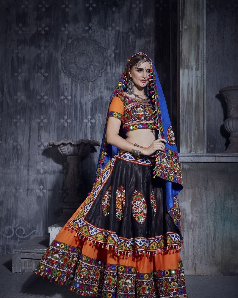 Orange And Black Navratri Chaniya Choli With Gamthi Work And Lace Work With Mirror
