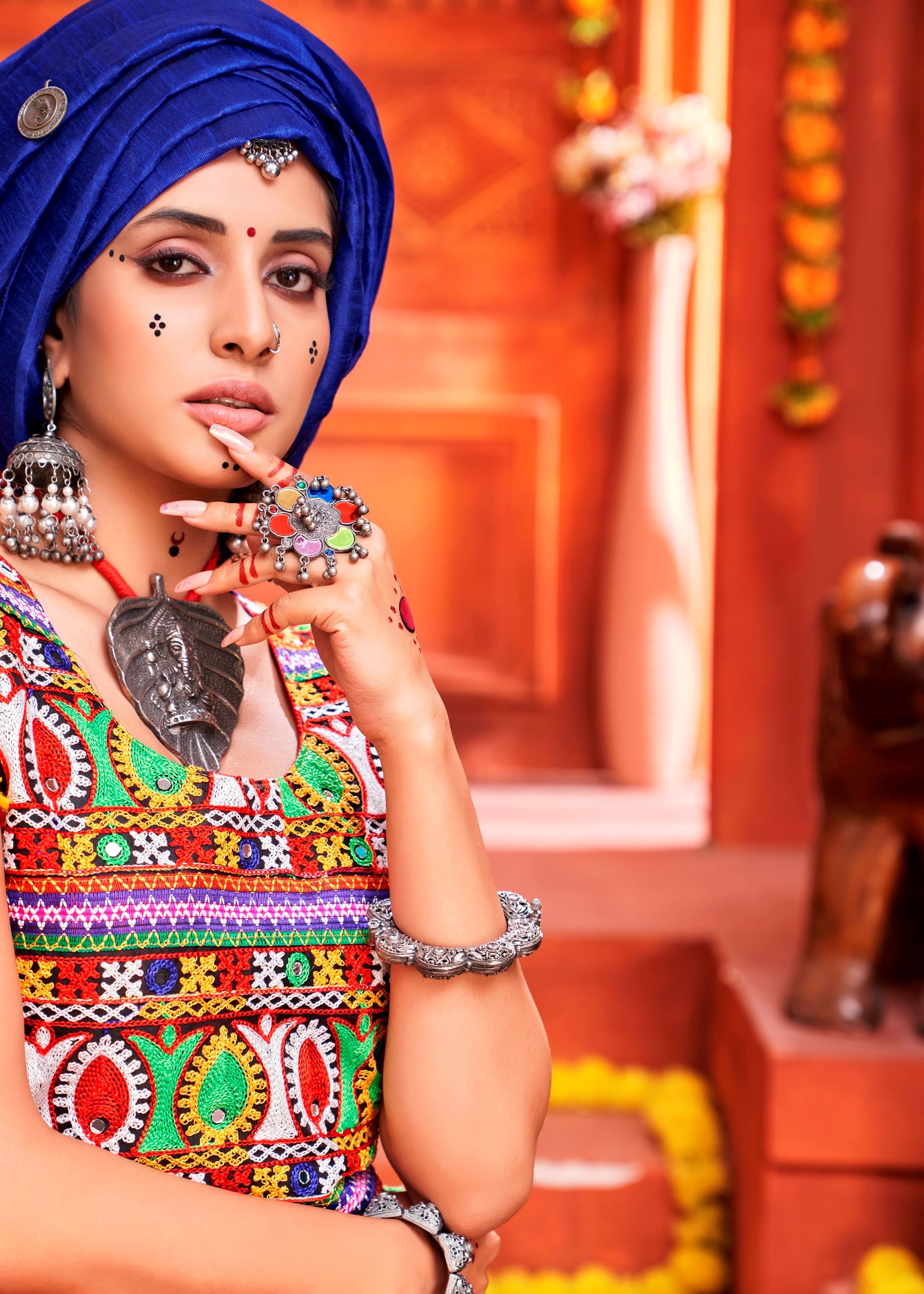 Orange And Royal Blue Navratri Chaniya Choli With Laheriya Print With Gamthi Work And Real Mirror  Work
