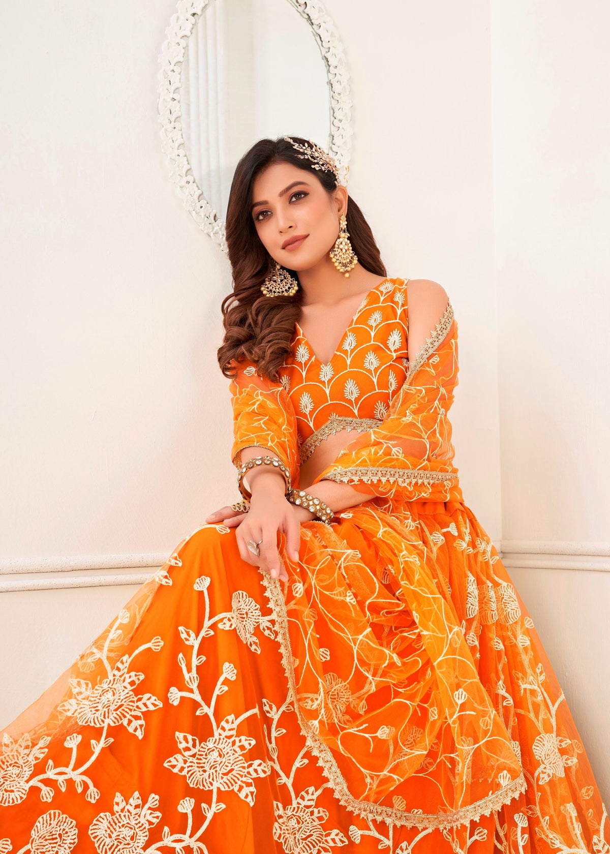 Orange Butterfly Net Lehenga Choli With Embroidery And Sequins Work