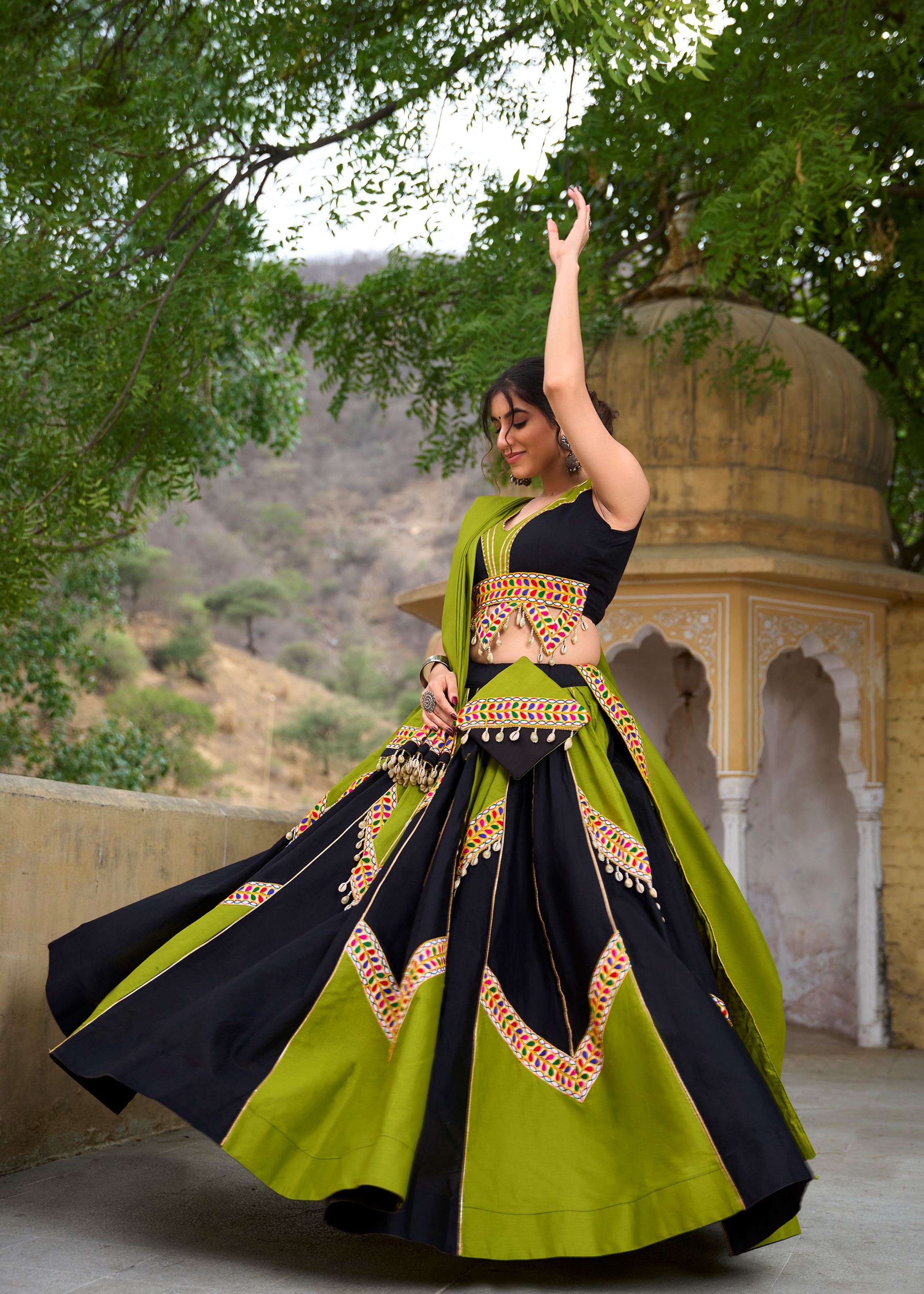Parrot-Black Gamthi Work Lehenga Choli with Gota Patti  Kodi Lace