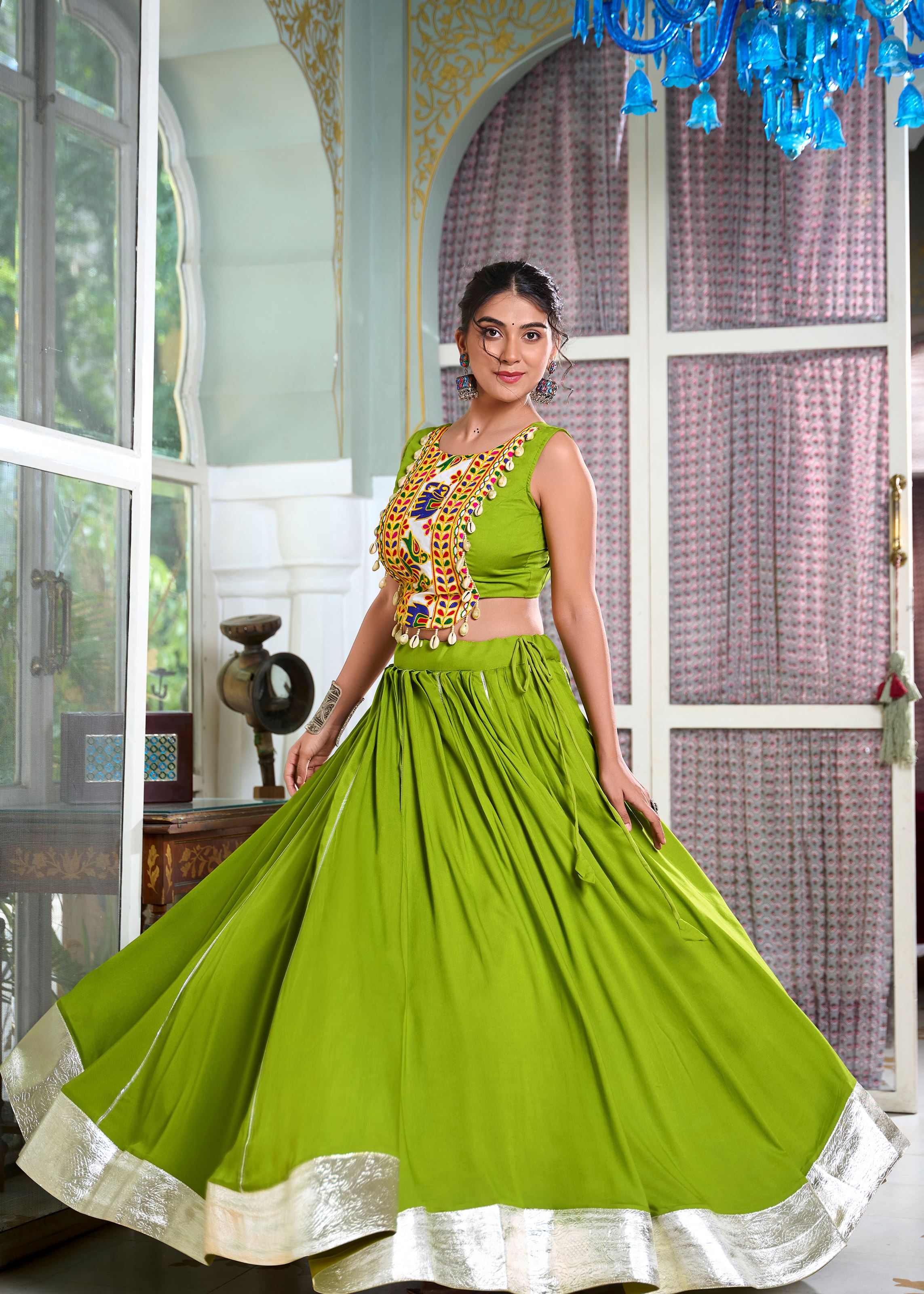 Parrot Classic Rayon Lehenga Choli with Gota Patti and Lace Accents