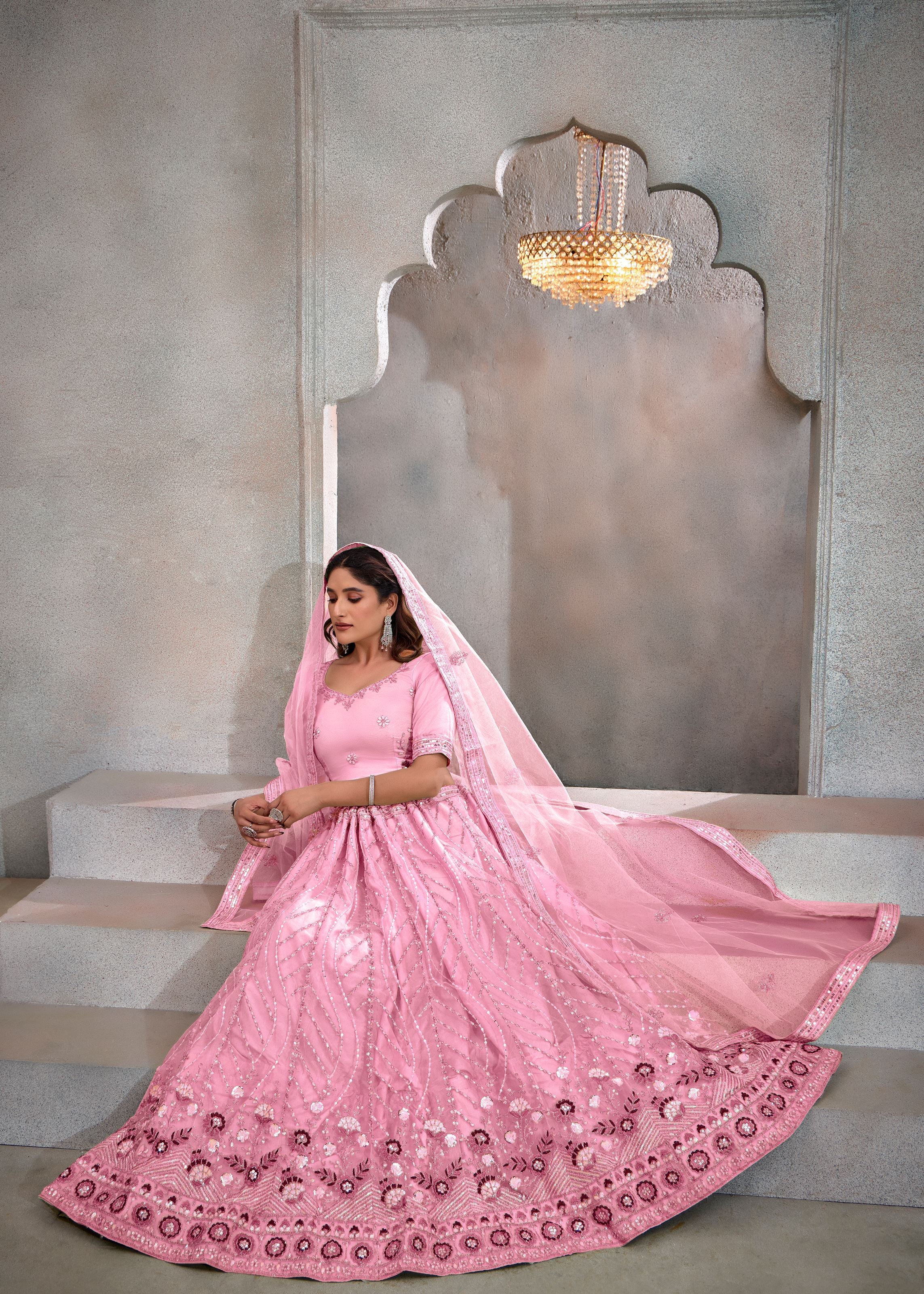 Party Pink Net Lehenga with Allover Sequin Work