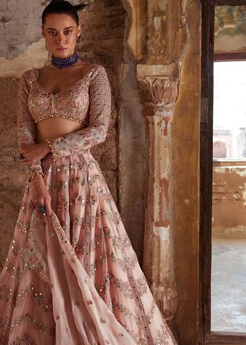 Peach Lehenga Choli With Paper Mirror  Zari  Thread Work