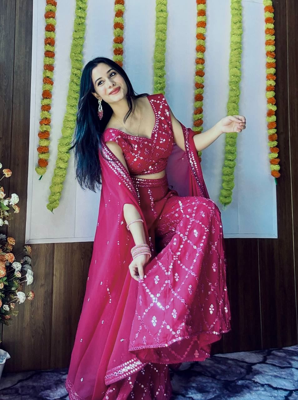 Pink Lehenga Choli with Foil Mirror Work & Thread Embroidery