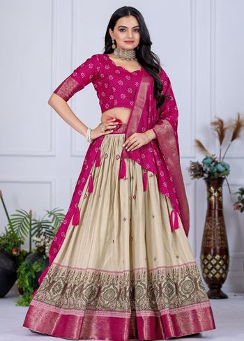 Beige Lehenga Choli with Jacquard Jari Lining and Printed Detailing