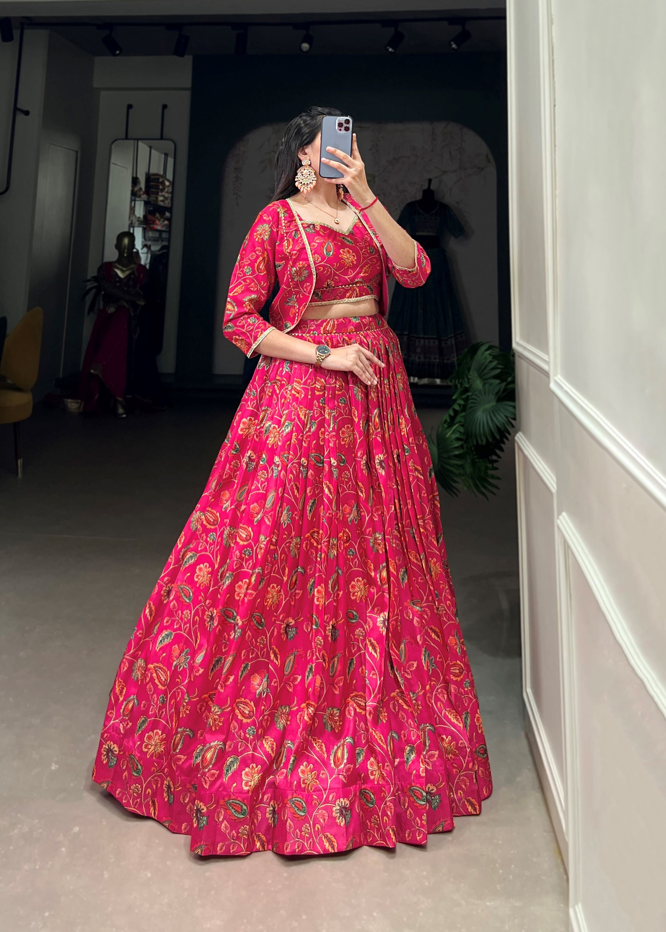 Pink Tussar Silk Lehenga with Delicate Florals  Gota Patti Details