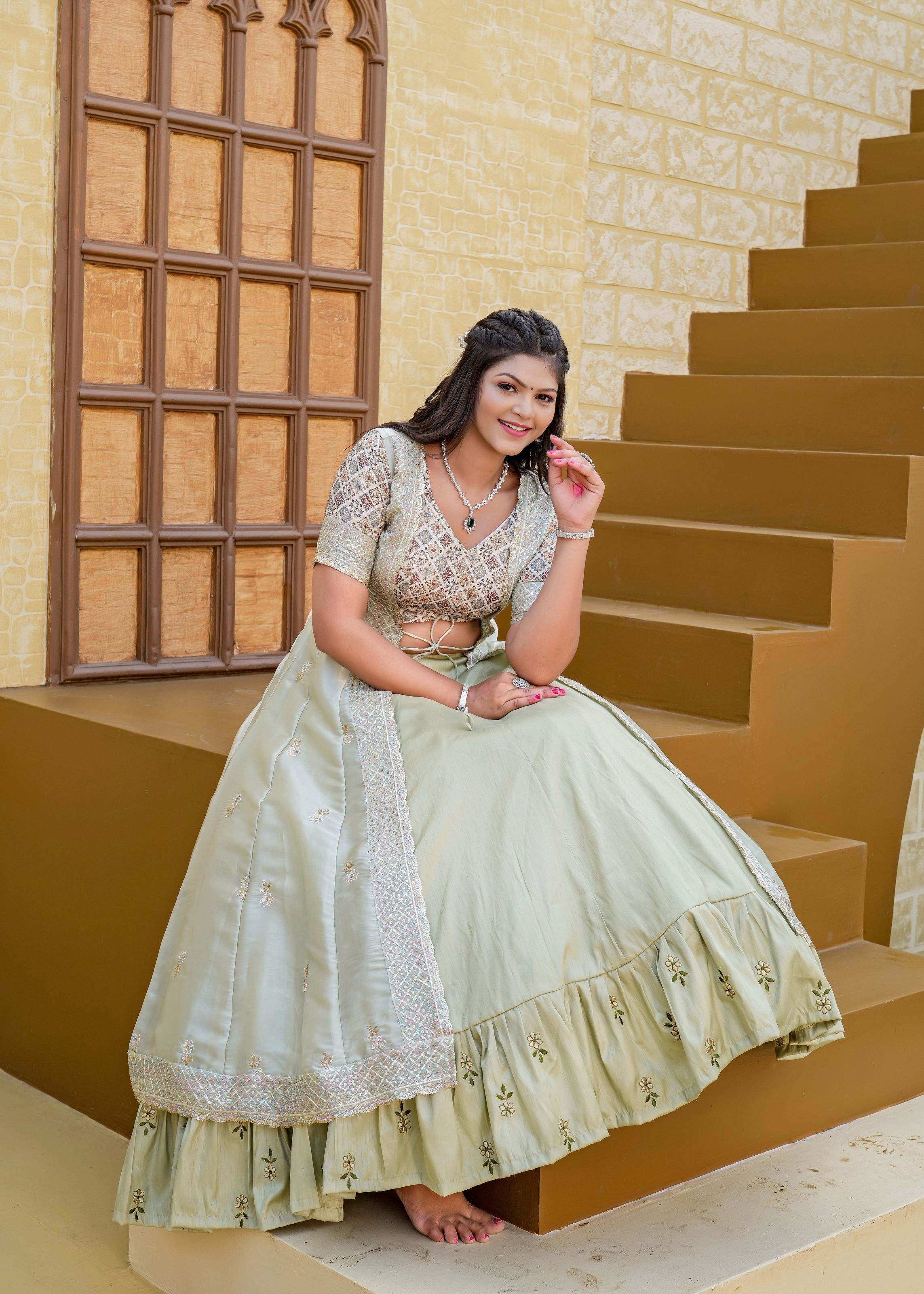 Pista Lehenga Choli With Heavy Embroidery Work