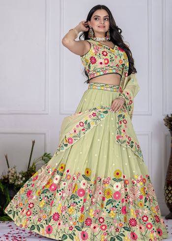 Pistagreen Lehenga Choli With Sequence Embroidery & Thread Work