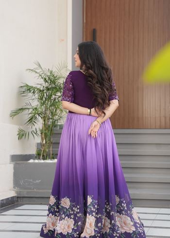 Purple Anarkali With Heavy Embroidered work and Rich  Floral Pedding Digital Print