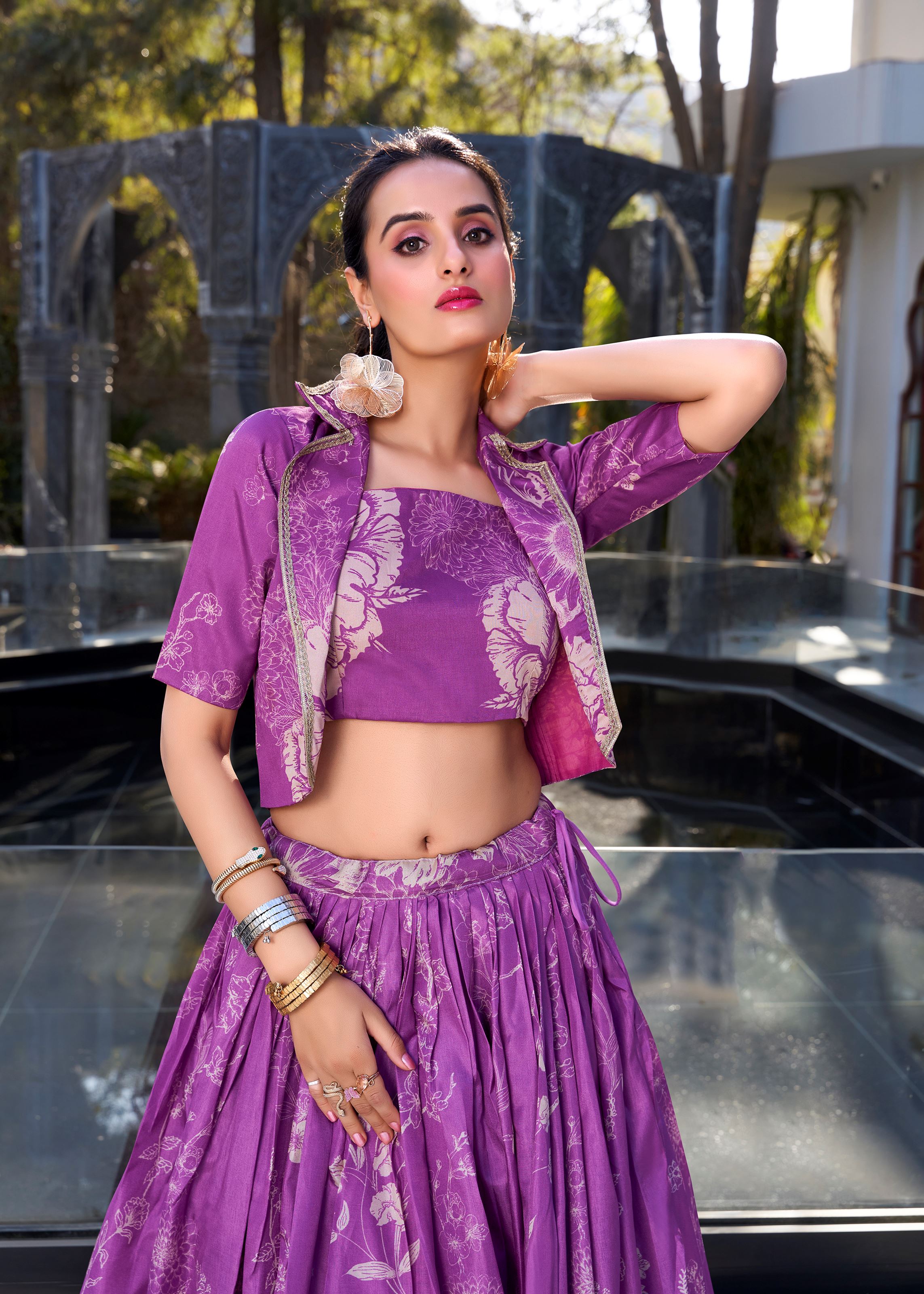 Purple Grace in Bloom Tussar Silk Floral Print Lehenga