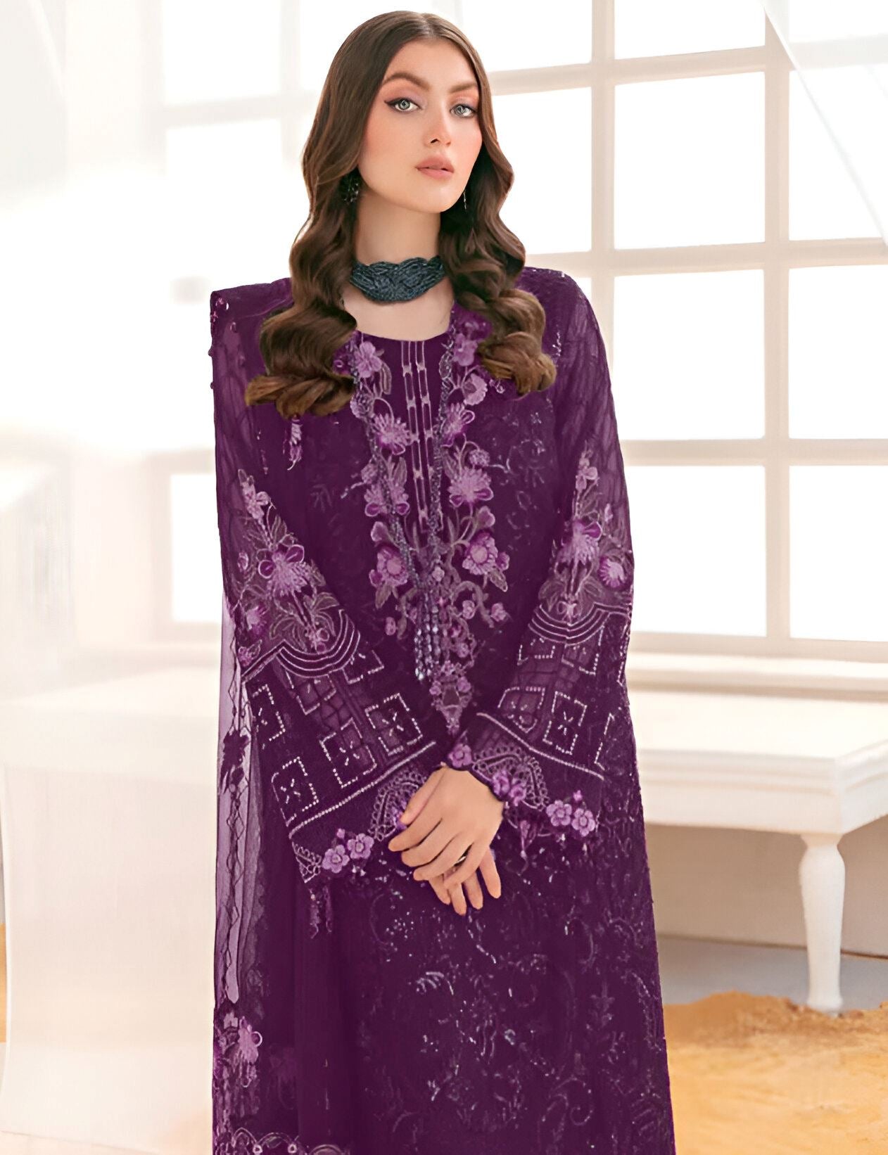 Purple Heavy Designer Suit With Heavy Embroidery Work