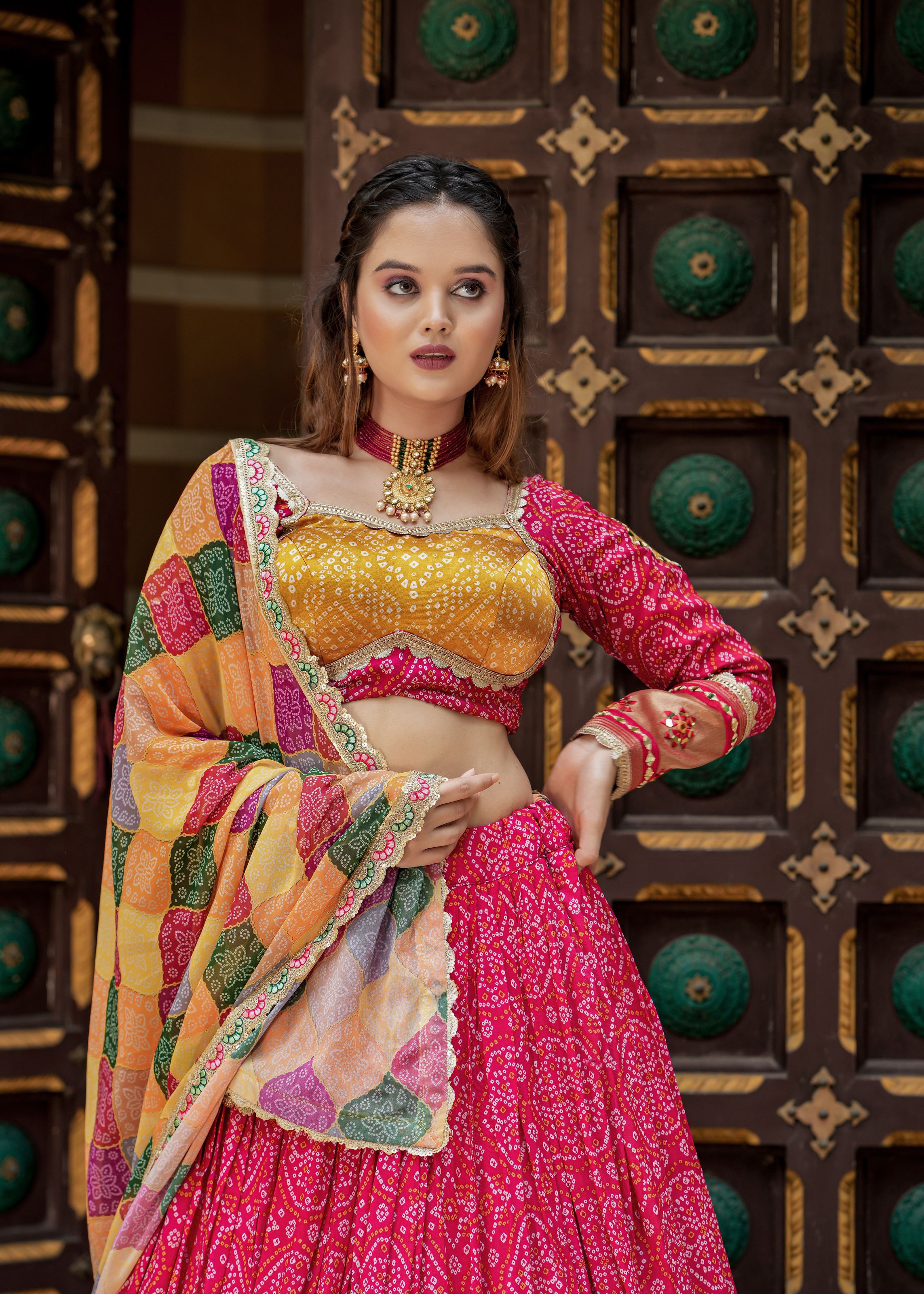 Rani Lehenga Choli With Heavy Discharge Print Heavy Embroidery Thread  Sequins Work