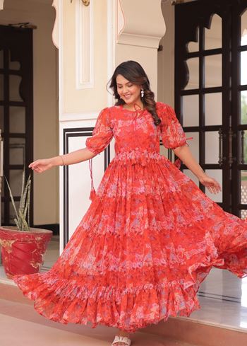 Red Anarkali With Heavy Printed Work