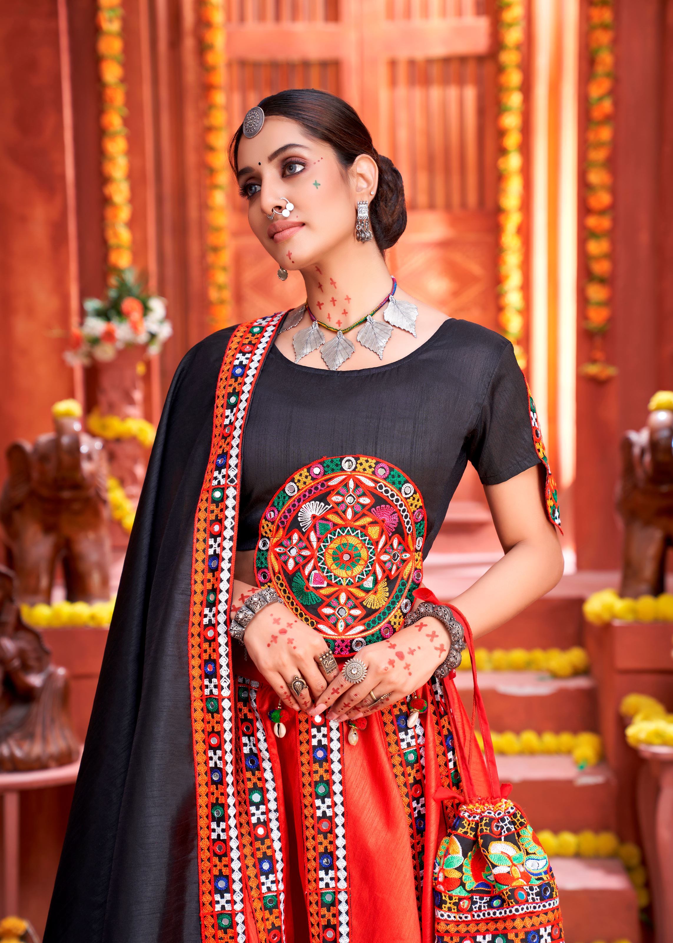 Red And Black Navratri Chaniya Choli With Gamthi Work Butta And Lace With Mirror Hand Work
