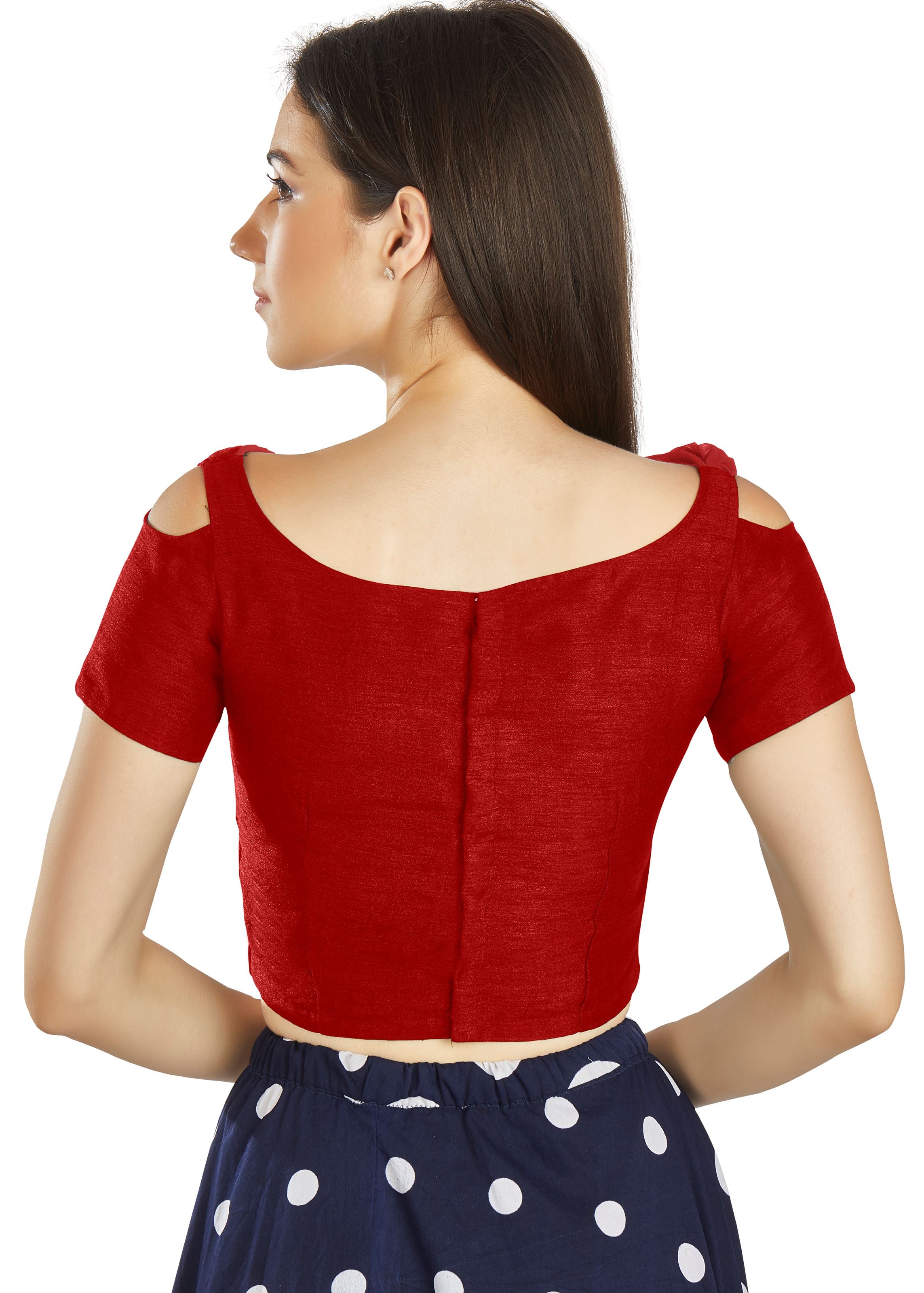 Red Art Silk V Neck Blouse With Frill neck Work