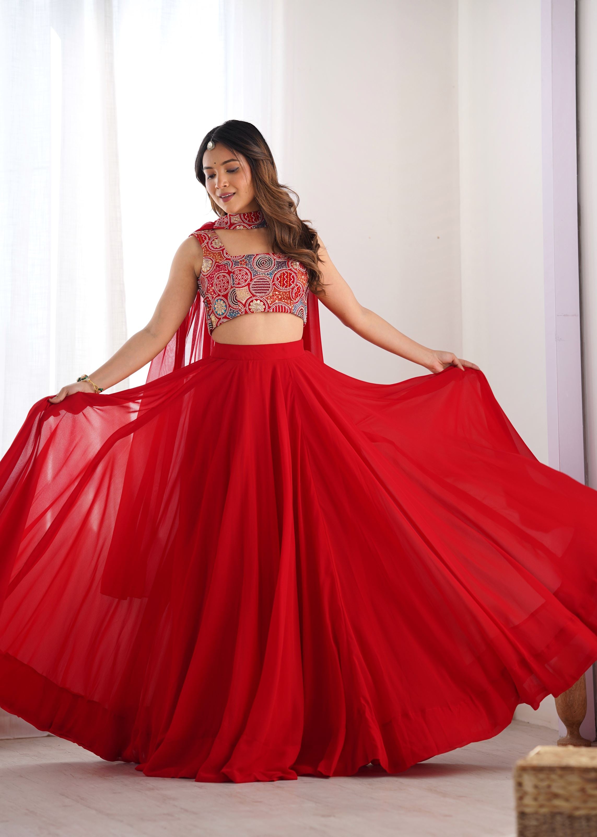 Red Georgette Lehenga with 9 Needle Embroidery  Dori Jari Work