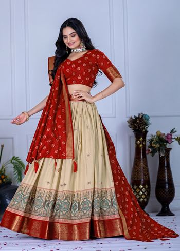 Beige Lehenga Choli With Jacquard With Jari Lining With Print