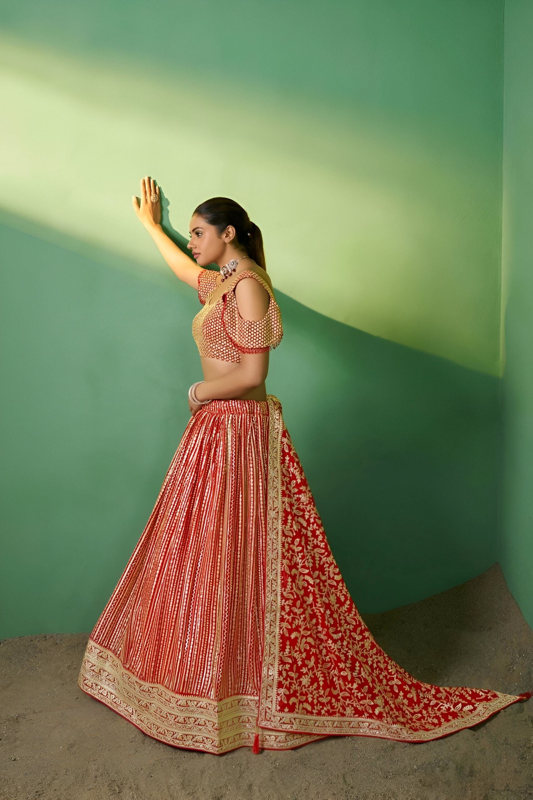 Red Lehenga Choli with Heavy Embroidery, Sequence work