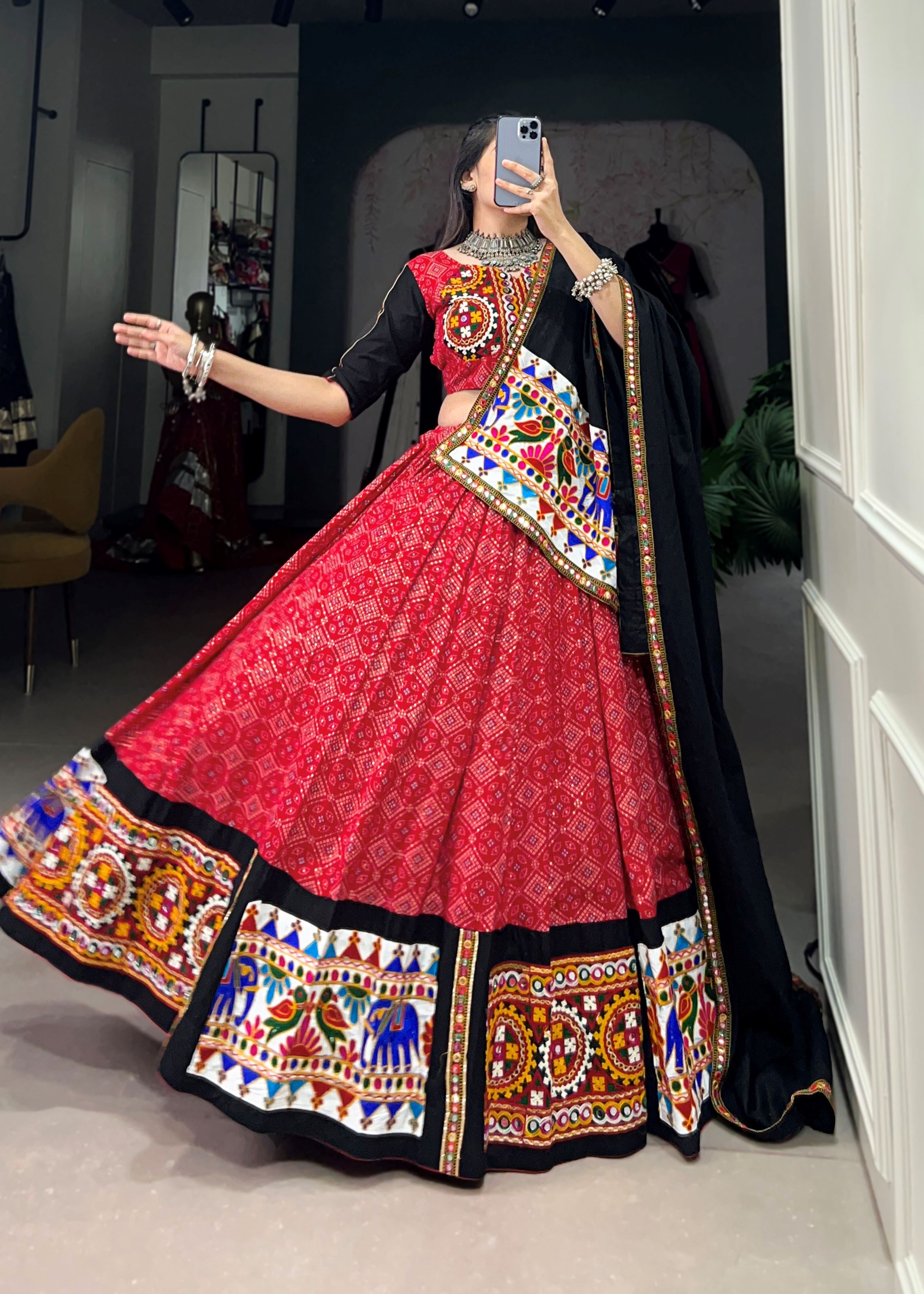 Red Printed Gamthi  Mirror Work Lehenga Choli