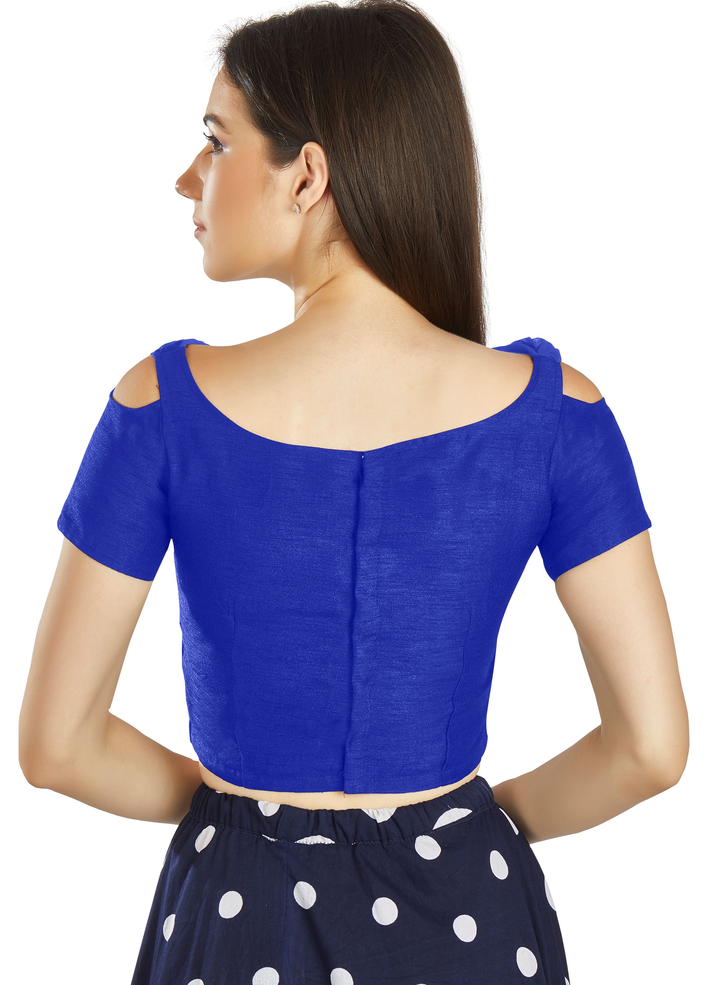 Royal Blue Art Silk V Neck Blouse With Frill neck Work