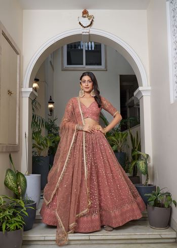 Rust Net Lehenga Choli With Thread Embroidery Work